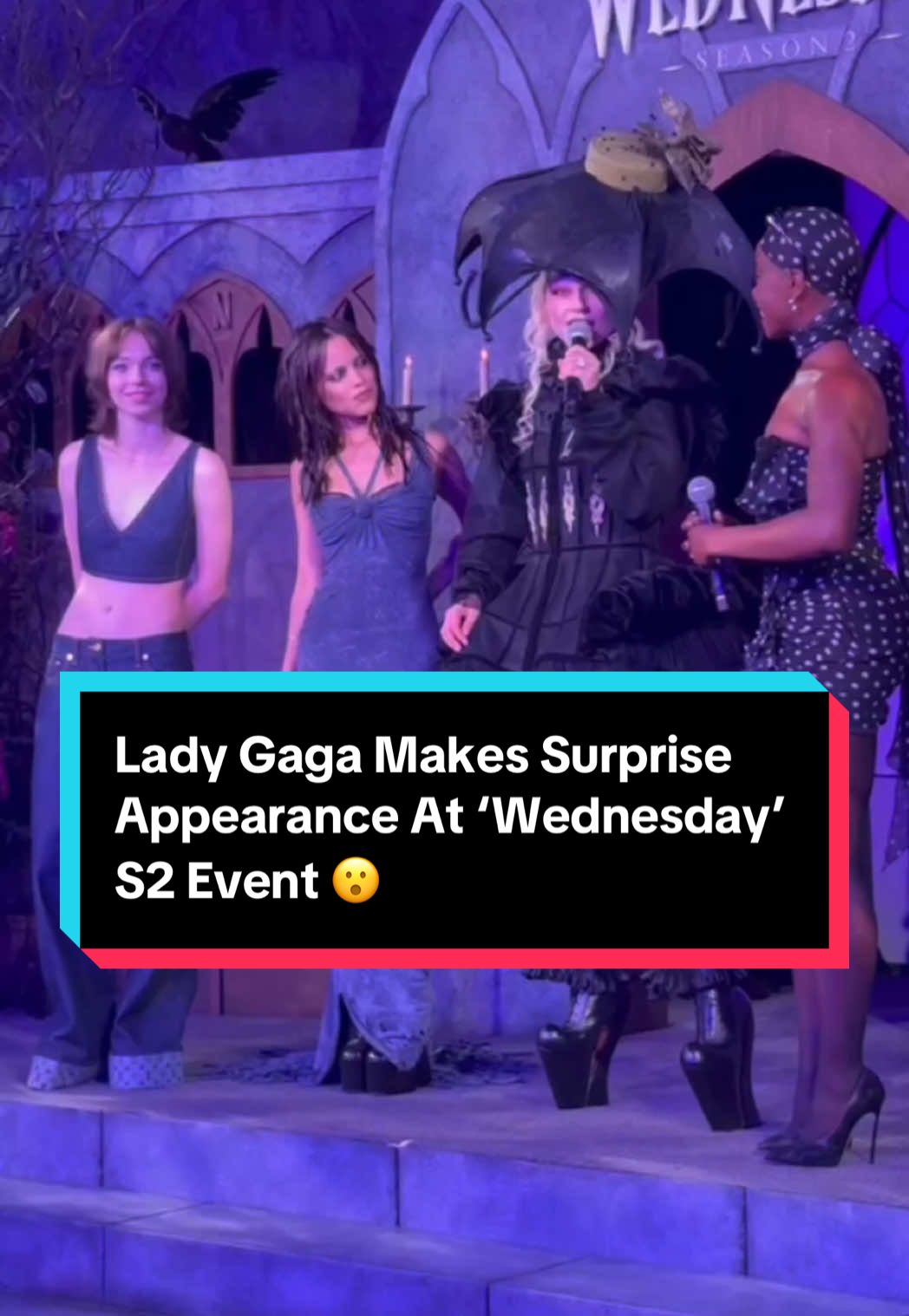 GAGGED ‘EM! #LadyGaga surprised fans at the #Wednesday season 2 event and revealed that her new song #TheDeadDance will be featured in the series! #JennaOrtega #Netflix 