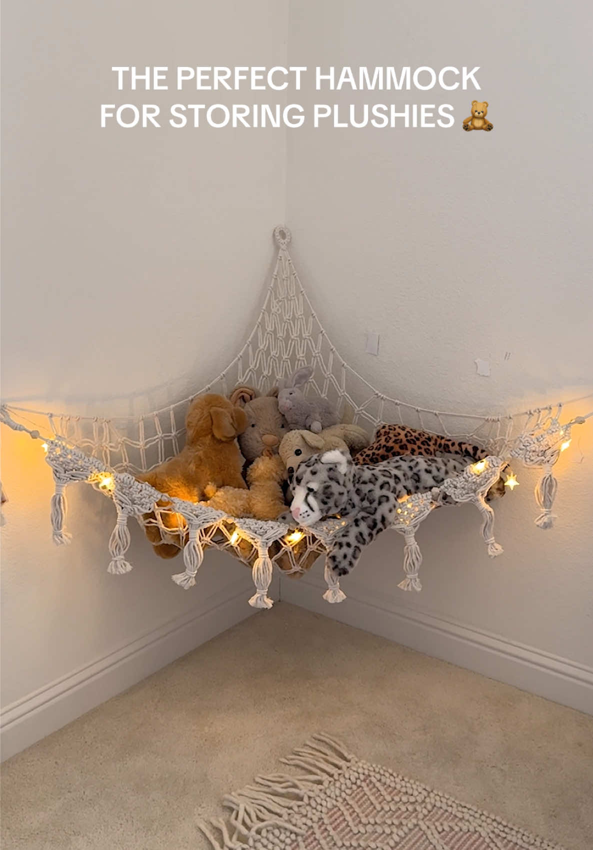 The cutest little hammock organizer for your little one’s plushies 🧸 it serves as a cozy nightlight too! Linked below! toy storage hammock, stuffed animal net, toy organizer hammock, plush toy holder, wall corner hammock, toy storage solution, nursery toy organizer, kids room hammock, mesh toy net, stuffed animal storage #toyorganizer #toyhammock #stuffedanimalstorage #homeorganization #creatorsearchinsights 