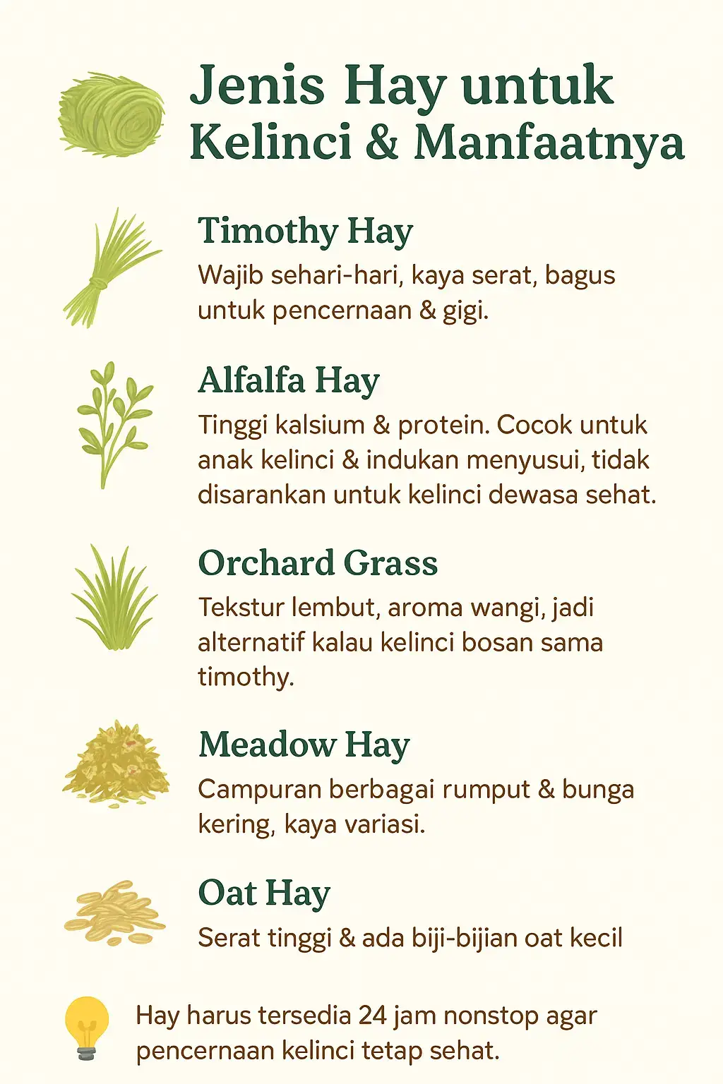 Hay adalah makanan utama kelinci biar sehat, gigi rapi, dan pencernaan lancar! 🌱💚 Kamu sudah kasih hay yang mana untuk bunbun kamu? 😍 #rabbitcare #kelinciimut #kelincilucu #rabbitsoftiktok #edukasikelinci 