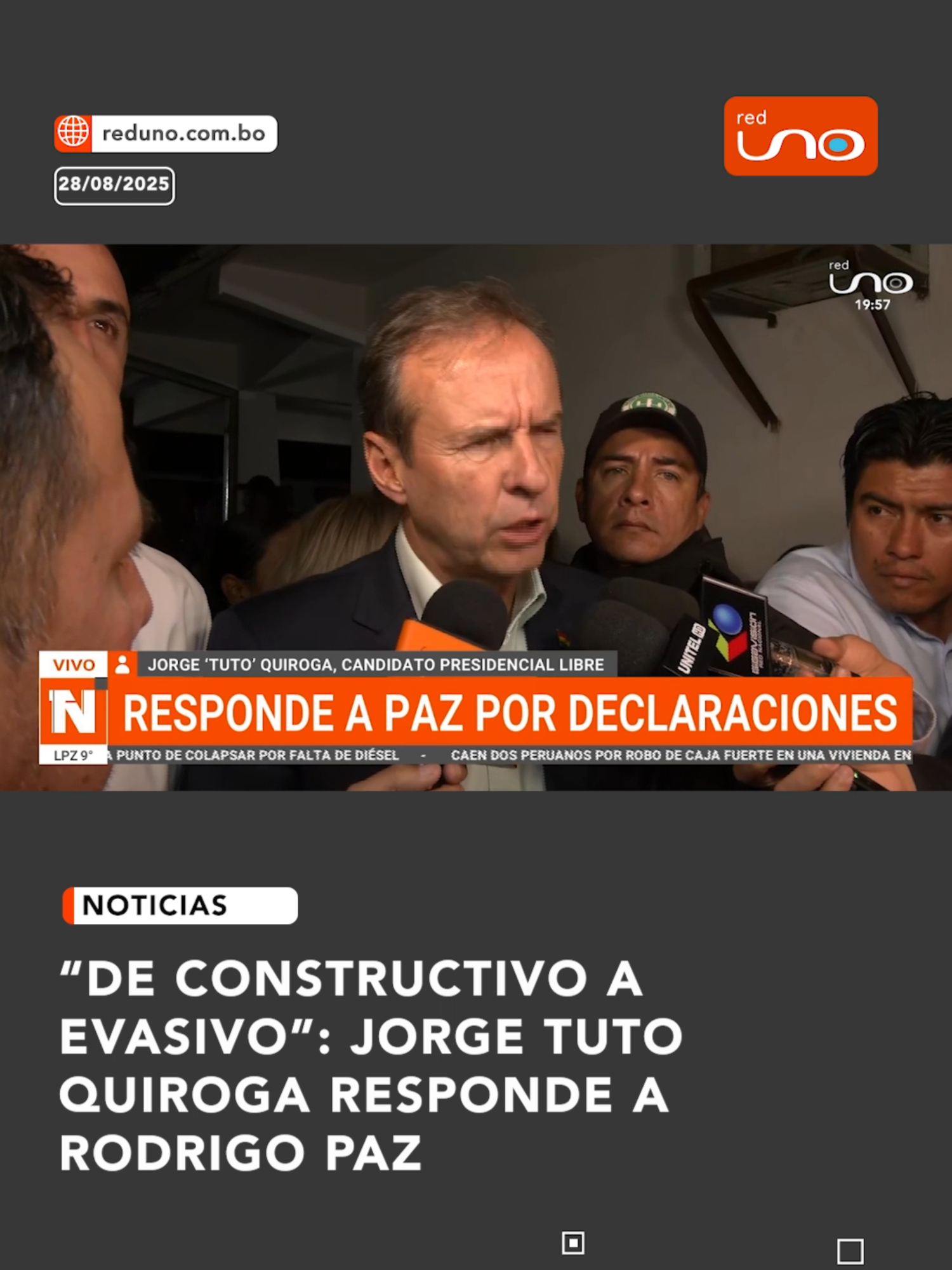 #Nacional | Jorge “Tuto” Quiroga respondió a Rodrigo Paz: “De constructivo a evasivo, ahora incluso lo ridículo. Siempre fui frontal con Evo. Que explique su reunión con Arce, el carcelero de Camacho y Pumari”. ▶️ Más información en: www.reduno.com.bo #RedUno #RedUnoDigital #Notivisión #Viral #Bolivia #Noticias