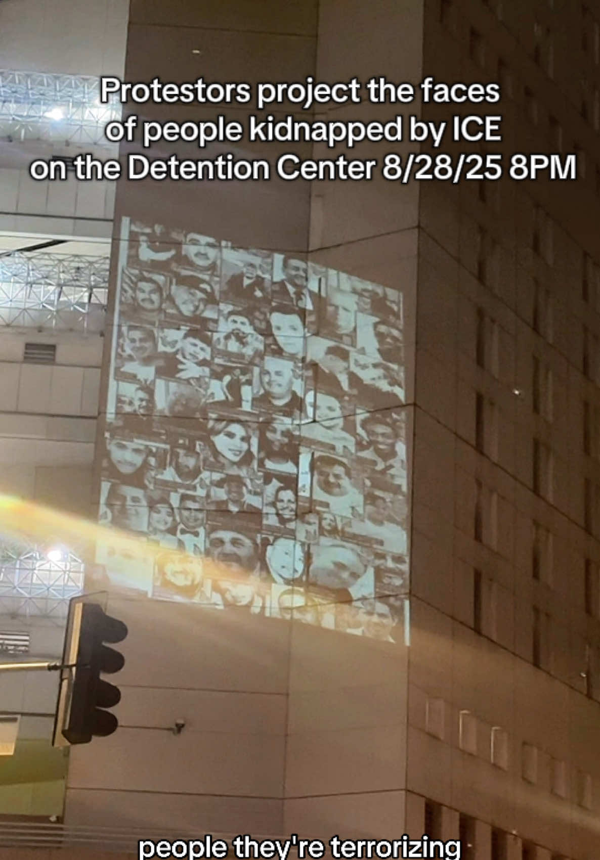Protestors project the faces of people kidnapped by ICE on the Detention Center 8/28/25 8PM #iceoutoflosangeles #iceoutofla #immigrantsmakeamericagreat #downtownlosangeles #abolishice 