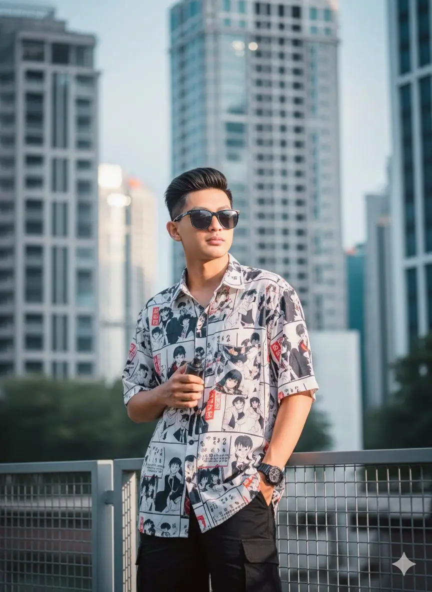 Prompt: Buat foto seorang pemuda Indonesia berusia 17-an dengan rambut koma hitam, bersandar di pagar besi. Perhatikan pakaiannya kemeja rayon putih motif anime jepang kebesaran dengan gambar keren, celana pendek kargo hitam, kacamata hitam, jam tangan hitam, dan rokok elektrik vave di tangannya), postur tubuhnya yang santai namun bergaya, ekspresi wajahnya yang datar namun keren. Jelaskan latar belakang foto yang menampilkan gedung-gedung tinggi modern dan suasana perkotaan. Sertakan juga nuansa warna dominan pada foto dan pencahayaan yang digunakan. Resolusi 3: 4 #morningperson #ai #masukberanda #fyp #gemini 