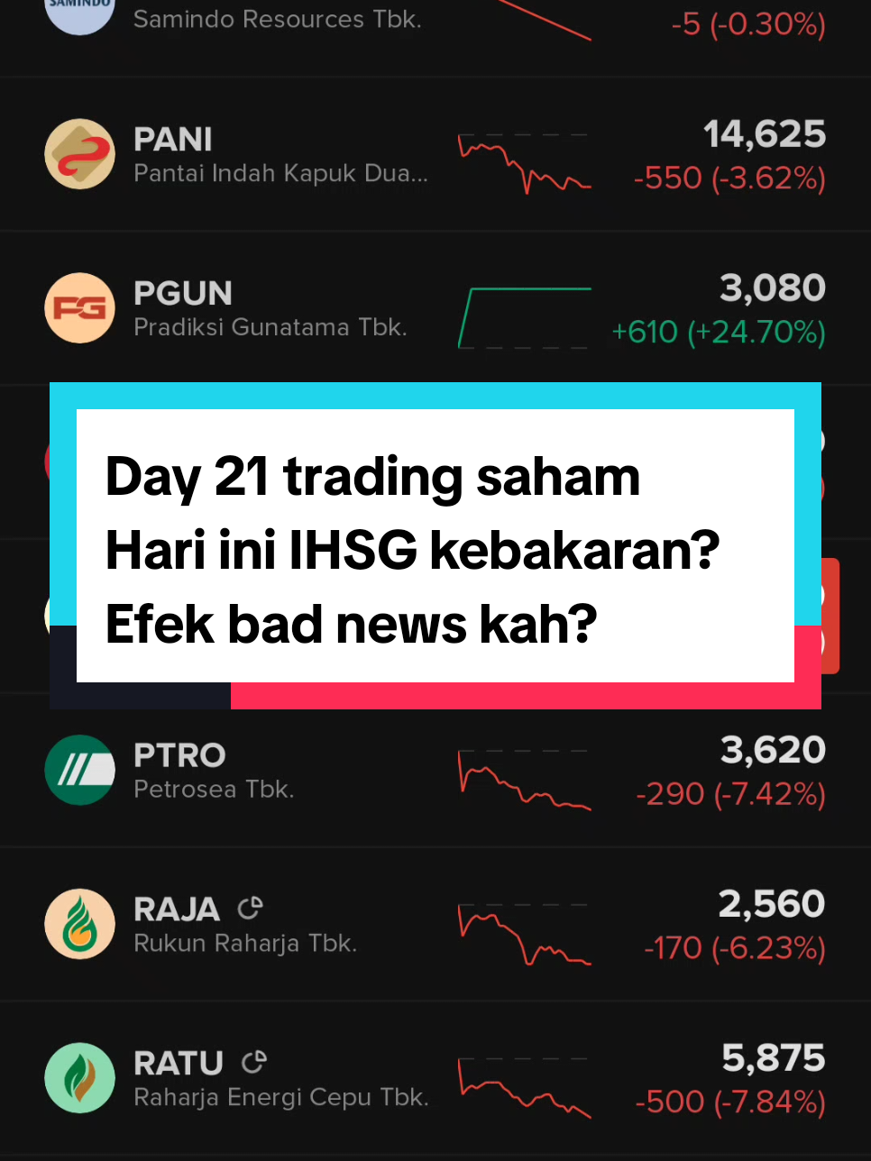Day 21 trading saham Hari ini IHSG dan mayoritas emiten saham pada merah ya gaes. Hal ini dikarenakan news di indonesia sedang tidak baik, demo dimana-mana, jadi investor sedang banyak keluar.  Yang masih ada modal jangan gegabah entry. Yg udah minus sabarin aja karena semua mengalami hal yang sama.  #tradings #saham #belajarsaham #stockbit 