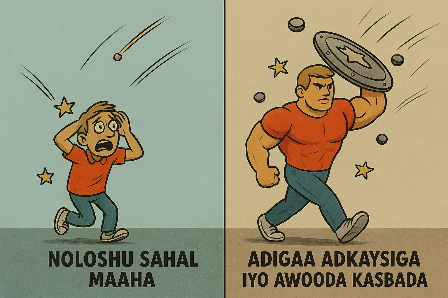 Noloshu marna fududo ma noqoto. Caqabadaha iyo dhibaatooyinka aan wajahno ma dhammaadaan, waana qayb dabiici ah oo nolol lagu dhisay. Laakiin waxa isbeddela waa adiga. Adigaa kasbada adkaysiga, adigaa kobciya awooda gudaha, adigaa noqda qof ka xoog badan sidii hore. Markasta oo aad dhib la kulanto, waa fursad aad ku barato wax cusub, ku kasbato karti iyo ku dhisto maskax adag. Guusha ma aha in dhibaatooyinka kaa yaraadaan, ee waa in adiga aad barato sida aad uga sarreyn lahayd. Haddaba, ha quusan, hana ka cararin caqabadaha. Ku qaabil adkaysi iyo geesinimo, maxaa yeelay, awoodda dhabta ah waxay ku timaadaa adiga oo aqbala in noloshu sahlan ma noqon doonto – balse adiga ayaa mar walba ka xoog badan noqon kara.