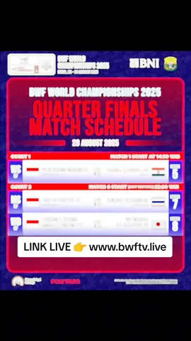 🔴 LIVE Badminton BWF World Championships 2025 Quarter Final Hari ini #Badminton #indonesia #BWC2025 #TimnasDay 