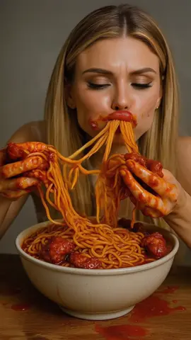 Noodles with chicken — sounds delicious. But this girl clearly prefers to eat them… with her hands. No shame, full commitment. Is it weird? Maybe. But hey — she’s enjoying every bite! #ai #food #wow #eat #girl        