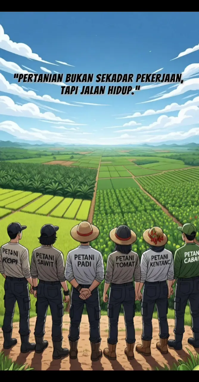 “Pertanian bukan sekadar pekerjaan… ia adalah dasar dari peradaban manusia. Sejak zaman dahulu, benih yang ditanam telah mengubah hutan menjadi kampung, kampung menjadi kota, dan kota menjadi bangsa. Di balik sawah padi, kebun kopi, ladang jagung, hingga kebun sawit, ada keringat petani yang menjaga agar roda kehidupan terus berputar. Pertanian bukan hanya soal cangkul dan tanah, melainkan tentang moralitas dan keberlanjutan. Setiap butir beras, setiap tetes minyak, setiap sayuran yang sampai ke meja makan adalah hasil dari tangan yang bekerja dengan keikhlasan. Inilah jalan hidup yang melampaui sekadar mencari nafkah. Petani tidak membeda-bedakan siapa yang akan makan dari hasil tanamannya; semua manusia berhak menikmati buah bumi. Dan di sanalah letak kemuliaan pertanian: ia menyatukan, bukan memisahkan. Di era modern, ketika teknologi berlari cepat dan dunia sering lupa pada akarnya, pertanian tetap menjadi identitas. Seragam hanyalah atribut; yang sejati adalah jiwa petani yang melekat pada tanah dan bumi. Karena tanpa pertanian, tidak ada bangsa yang benar-benar merdeka.” #motivasipetani #petanimilenial #PetaniMuda #petaniindonesia🇮🇩🇮🇩🇮🇩🌿🌿 