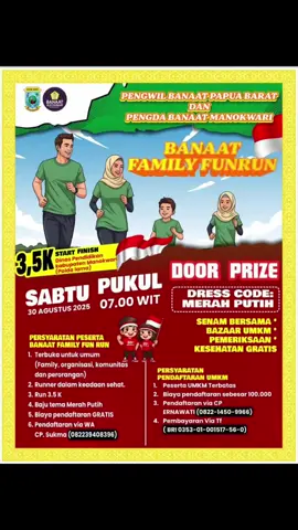 🎉✨ Datang & Ramaikan! ✨🎉 Event seru Family Fun Run by Banaat 🏃‍♀️🏃‍♂️ Banyak rangkaian acara seru menanti: 🎁 Doorprize 💃 Dance Performance 🎯 Games & hiburan menarik Dan yang nggak kalah seru, ada UMKM kuliner khas Manokwari siap manjain lidahmu: 🍩 Galipat Donat Kentang 🥟 Dimsum Ayam Dapoer Rizqy 🐟 Pempek Sagu Ikan Tenggiri 🍧🍦 Es Teler & Es Krim Daeng Sultan Yukkk ajak keluarga & sahabatmu, jangan sampai ketinggalan keseruan ini! 🤩@Rahma Hassanu @Dapoer Rizqy  #eventfamilyfunrun2025 #manokwari_papuabarat #umkmnaikkelas #halal #kulinermanokwari 