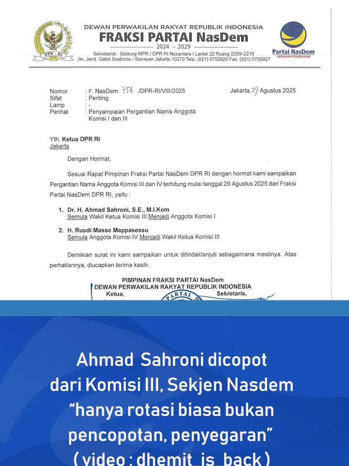 BEREDAR SURAT AHMAD SAHRONI DICOPOT DARI KOMISI III