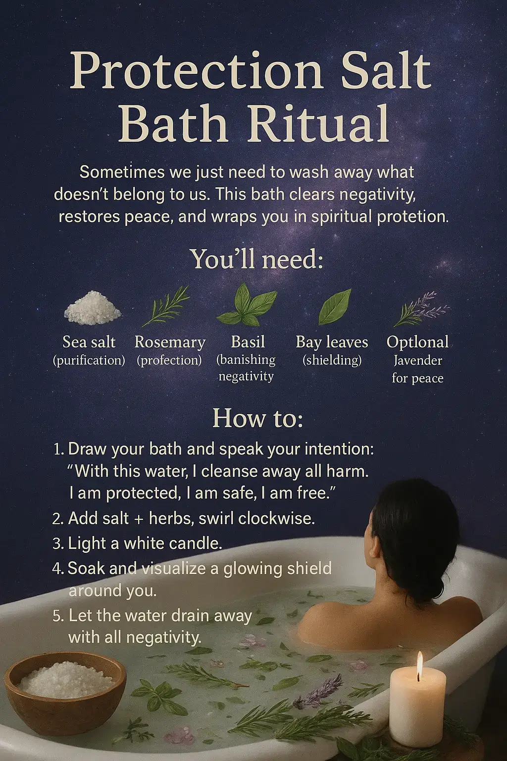 Sometimes the energy we carry doesn’t belong to us — it’s time to release it. This Protection Salt Bath Ritual clears negativity, restores peace, and surrounds you in spiritual shielding. A simple way to cleanse your aura, reset your mind, and reclaim your power. 💧✨ #SpiritualBath #EnergyCleanse #AuraProtection #SaltBathRitual #ReleaseNegativity 