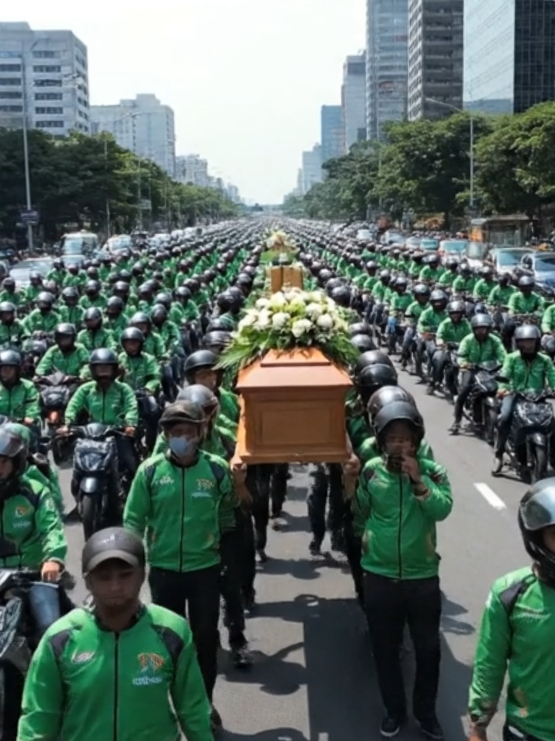 A very crowded funeral scene in Indonesia, with many people gathering to accompany the burial of an online motorcycle taxi driver who has passed away. The atmosphere is solemn and emotional, with mourners standing close together, some recording the moment with their phones, under a canopy decorated with flowers at the cemetery