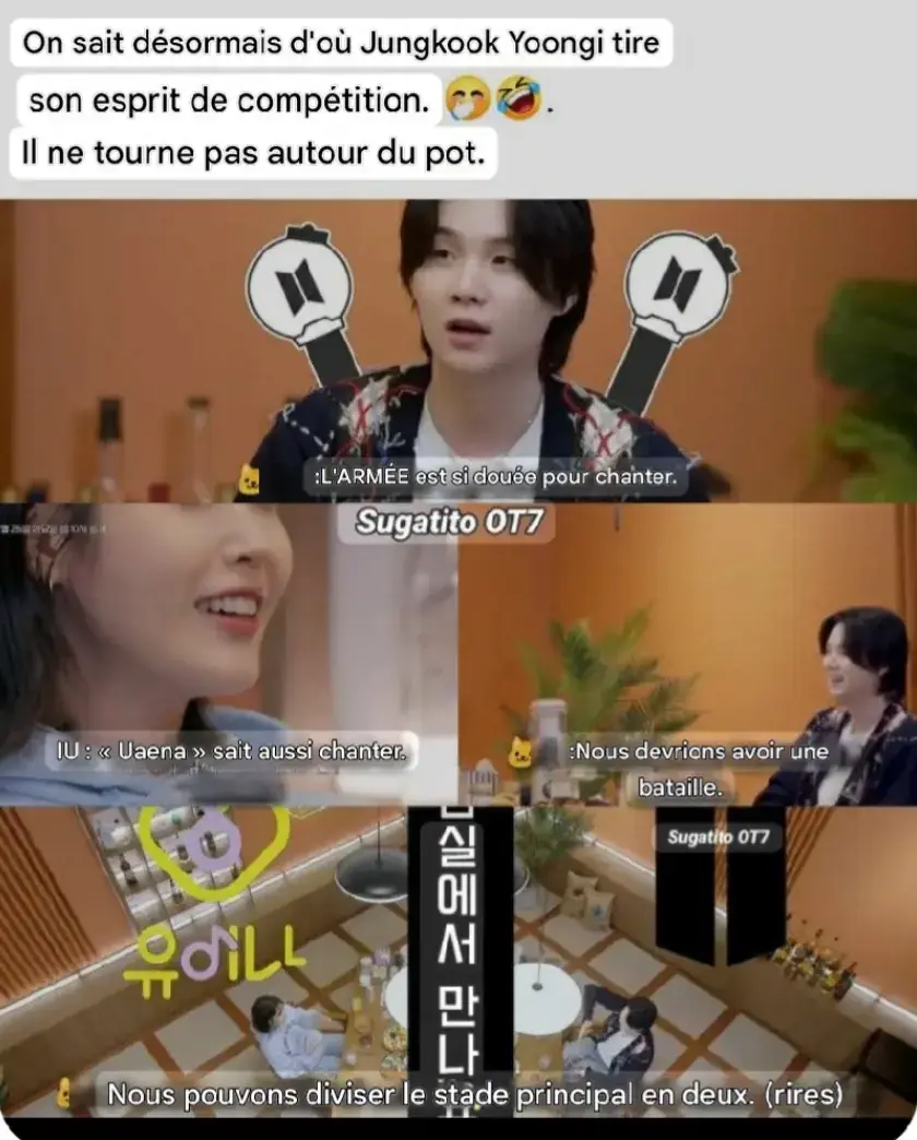 On sait désormais d'où Jungkook Yoongi tire son esprit de compétition. Il ne tourne pas autour du pot. L'ARMÉE est si douée pour chanter. IU : « Uaena » sait aussi chanter. suga:Nous devrions avoir une bataille. suga:Nous pouvons diviser le stade principal en deux. (rires)😂😂😂 #btsarmy #kpop #yoongi #btsarmyforever #iu 