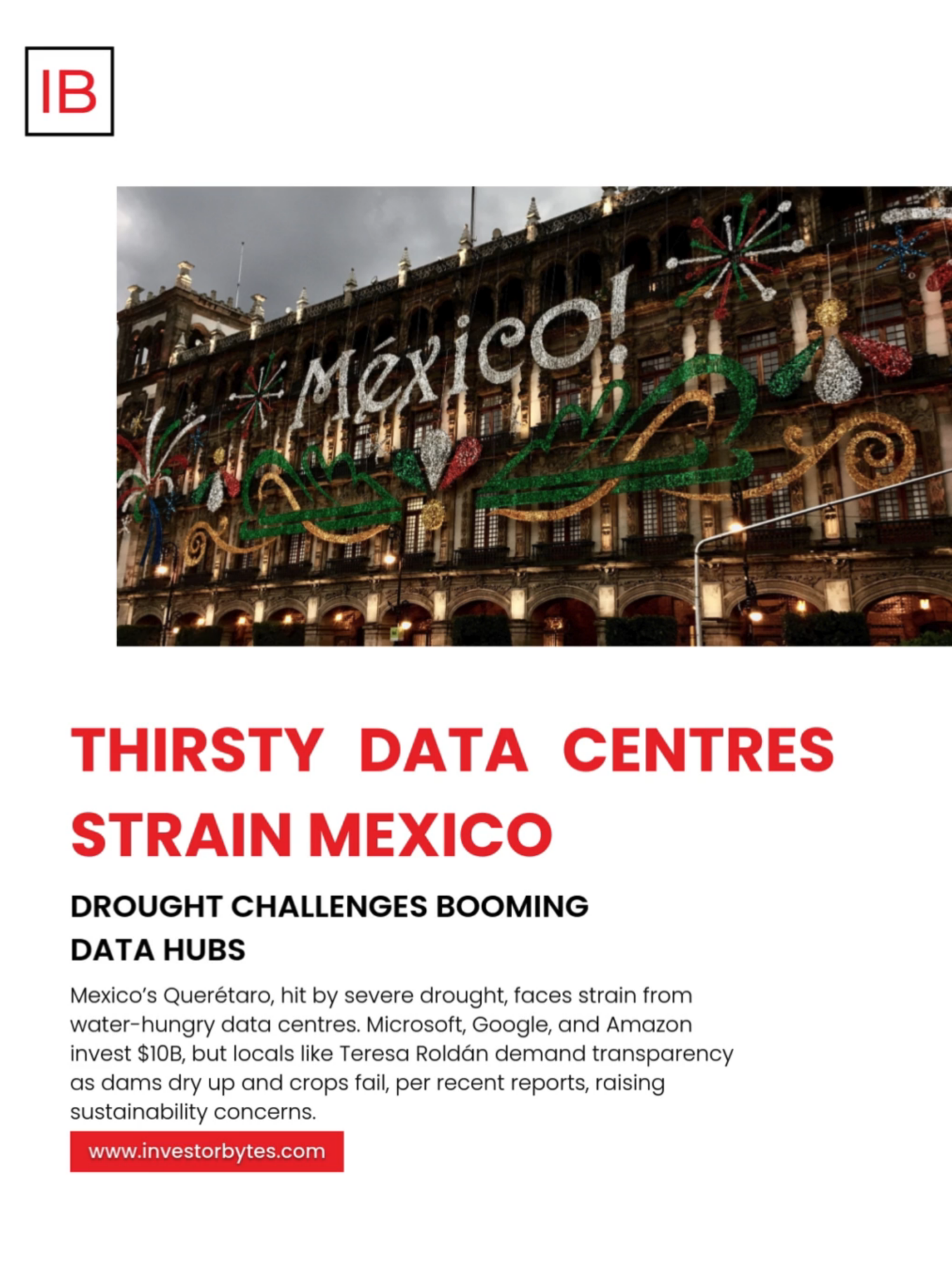 Thirsty Data Centres Boom in Mexico Querétaro emerges as Mexico's data centre hub, drawing Microsoft, AWS, and ODATA amid AI surge. Over $10B investment forecasted, fueled by strategic location and government support. Water-hungry facilities consume millions of liters yearly, with Microsoft at 40M in FY2025. Activists whisper concerns over drought priorities, per Teresa Roldán. Enigmatic growth hides deeper impacts: ODATA's 300MW campus nears $3.3B investment, while 600MW expansions could veil 15B liters annual use.  As AI accelerates, MRO opportunities surge, unlocking valuation mysteries for investors. 🌐   Visit Us Here: www.investorbytes.com #DataCentreMystery #AIMexicoBoom #IB #InvestorBytes #fyp #viraltiktok #tiktok #News #Economy #Business #TodayNews #NewsUpdate