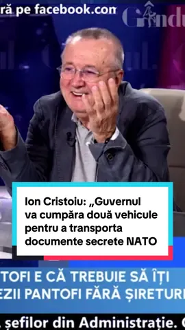 ntr-o ediție transmisă live de Gândul, scriitorul și publicistul Ion Cristoiu a comentat achiziția făcută de Ilie Bolojan, care ar fi cumpărat două mașini de peste 1,5 milioane de lei pentru transportul documentelor NATO. Invitatul a spus că i se pare o prostie și a povestit cum realitatea de azi îi amintește de propriile sale scrieri satirice. Urmăriți aici, integral, emisiunea lui Marius Tucă. Ion Cristoiu: „Vom avea niște mașini, scrie pe ele documente NATO?” Marius Tucă a adus în discuție subiectul achizițiilor făcute de Bolojan, în contextul austerității. Ion Cristoiu a ironizat ideea unor mașini cumpărate special pentru transportul de documente NATO. #mariustucashow #cristoiu #nato #bolojan #gandul