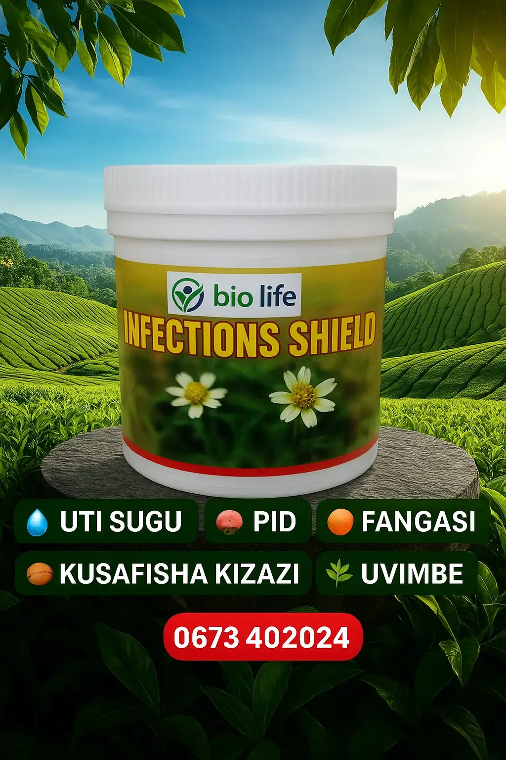 🛡️ Infections Shield Dawa ya asili kutoka mimea inayosaidia kupambana na maambukizi na kuimarisha kinga ya mwili. 🌿 Viambato Muhimu: 50% Holy Basil (Ocimum sanctum) – huimarisha kinga na kupunguza uvimbe 25% Tridax Procumbens – antibacteria & antifungal 25% Wormwood (Artemisia absinthium) – hutibu minyoo, fangasi na bakteria ✨ Faida: 🚫 Hutibu & kuzuia maambukizi ya bakteria na fangasi 💪 Huongeza kinga ya mwili 🌬️ Hupunguza mafua & homa 🦠 Huzuia kurudia kwa maambukizi --- 📞 Wasiliana Nasi Sasa: 📲 Arusha: 0766607688 📲 Dar es Salaam: 0688820050 📲 Dodoma: 0676025526 📲 Mbeya: 0741788718 📲 Morogoro (Masika): 0784397001 📲 Mwanza: 0682034530 📲 Zanzibar: 0779477004 --- 🔥 Hashtags za kusaidia kufika mbali: #InfectionsShield #AfyaBora #Kingakamili #TibaAsili #KingaYaMwili    