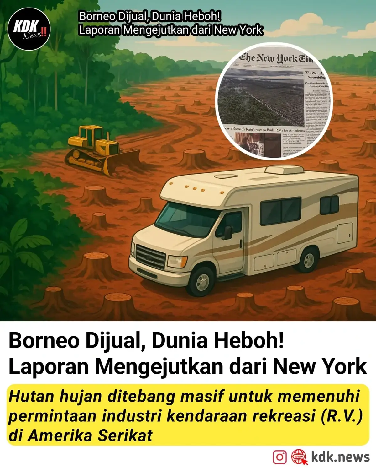 Sebuah laporan dari The New York Times edisi Senin, 25 Agustus 2025, menyoroti maraknya penebangan hutan hujan di Kalimantan yang dikaitkan dengan produksi kendaraan rekreasi (R.V.) untuk pasar Amerika Serikat. Penebangan dilakukan secara masif, meninggalkan lahan terbuka yang sebelumnya merupakan ekosistem penting bagi flora dan fauna endemik. Dampak lingkungan meliputi hilangnya habitat satwa liar, ancaman terhadap keanekaragaman hayati, hingga potensi bencana ekologis di masa depan. Laporan ini menyoroti peran rantai pasokan global dalam memicu eksploitasi sumber daya alam di Indonesia. Para pegiat lingkungan menilai, lemahnya pengawasan dan tingginya permintaan komoditas dari negara maju menjadi pendorong utama praktik ini. Selengkapnya di www.kdk.news #saveborneo #savehutankalimantan #kdknews #fyp #fyppppppppppppppppppppppp 