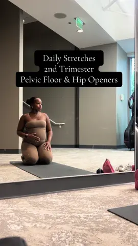 if you’re pregnant you should be incorporating these stretches daily even if you don’t workout! These will help you prepare your body for birth and can also help you progress during labor. I do 3 sets of 10 in rotation for each of these stretches.  - Rock backs with outward foot rotation: imagine your hips and pelvic floor opening each time you rock back, outward foot rotation will help baby move down during labor - Rock backs with inward foot rotation: imagine hips and pelvic floor opening again, gives baby space to settle into pelvis - cat cow: when in cat, inhale to fill belly, as you transition into cow exhale to pull belly in and hug the baby engaging core and pelvic floor (imagine bringing pelvic floor up into belly button) - abductor rock backs: again, imagine that pelvic floor opening up to allow baby through with each backward movement - lunge stretch: really opens hips and stretches out all parts of the legs - not pictured but finish off with a deep squat: you can use a yoga block to sit on, hold for 20-30 seconds, connecting mind to pelvic floor and imagining it open