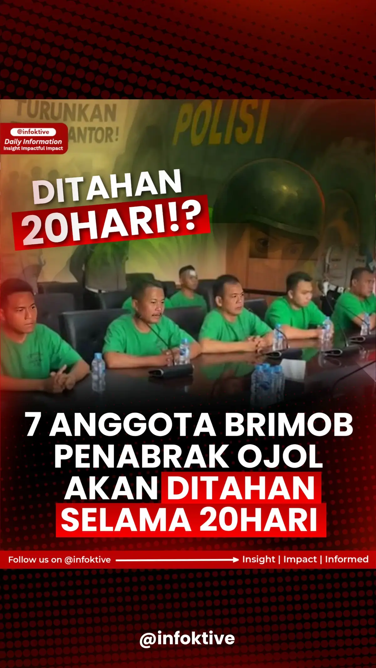 Inikah yang dinamakan keadilan Tujuh personel Brimob Polda Metro Jaya resmi ditahan di tempat khusus Divpropam Polri selama 20 hari, setelah dalam sidang pemeriksaan terbukti melanggar kode etik kepolisian ketika mobil taktis Brimob yang dikemudikan saat demo Kamis (28/8/2025) melindas pengendara ojek online (ojol) hingga tewas. =============================== Credit Text : bloombergtechnoz 🪟 Your Daily Source for Informed Perspectives . - #dailynews #infoktive #news #ojol #demo