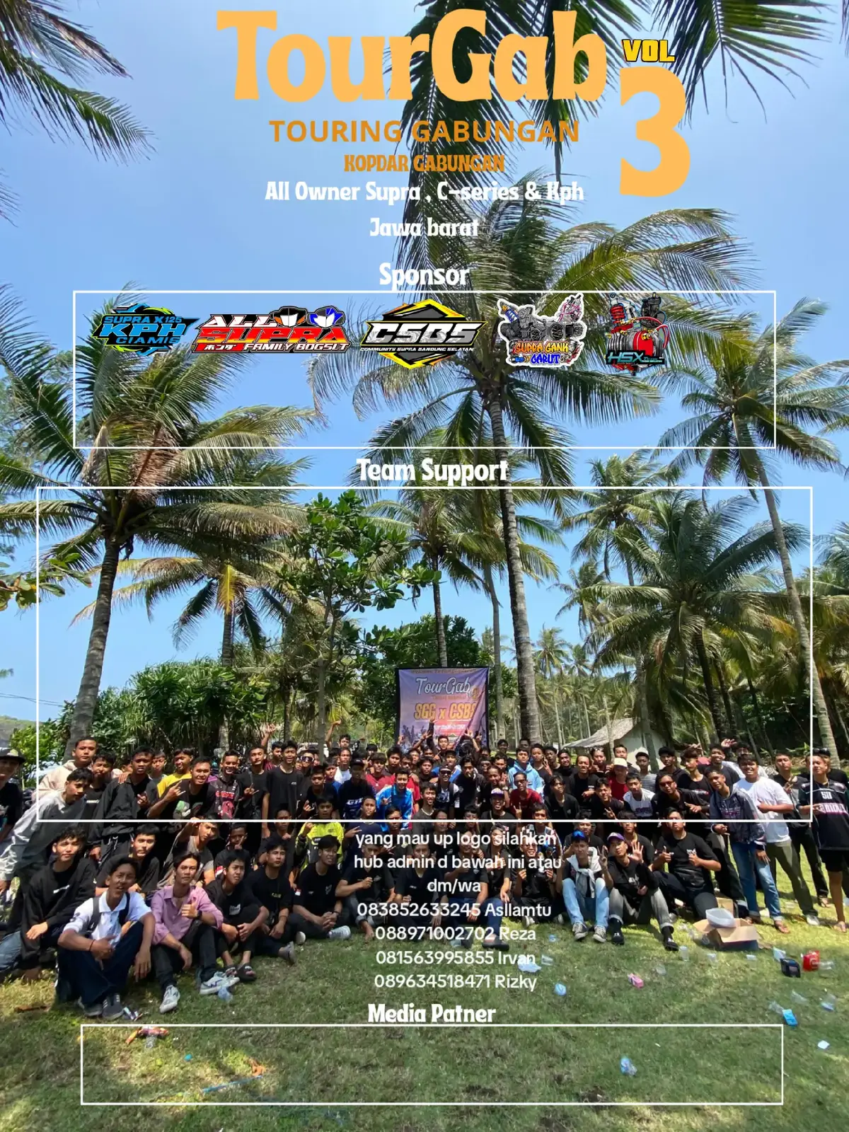 Yang mau PO JERSEY Tourgab vol 3 Idr 150 k  Silahkan isi nama asli + nama d kaos  Bebas boleh pake no juga ..   Buat yg mau up logo d benner juga boleh silahkan pc prbadii saja .. dan untuk pembayaran kaos bisa via dana /bank tergantung yg ngirim .. dan untuk jersey min masuk dp dulu pelunasan pas barang mau jadi .. atau mau pelunasan lebih bagus ..  dan untuk revisi pamplet nanti d up lagi di grup atau d tiktok ..  sampai bertemu di wacana selanjutnya 🔥 Welcome to Tourgab Supra jabar vol 3 2025/2026  #comunitysuprabandungselatan #allsuprafamilybdgslt #supragankgarut #supratasikmalaya #supraciamis  @Rizky babeh @VanHSX125 @Rival @𝙎𝙐𝙋𝙍𝘼 𝙂𝙀𝙏𝘼𝙍 @Ahmad HidayatR @Ilyas Agil siraj @Aji zona08 @Supra Gank Garut🚀 @borisss @rezaaaa_69 