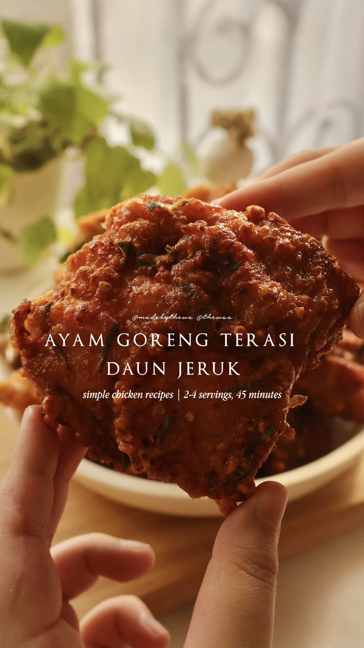 Full recipe in caption <3 Ayam Goreng Terasi Daun Jeruk 🤤🤎✨ — simple chicken recipes ! INGREDIENTS  - 700gr paha ayam fillet - 10 siung bawang putih - 12 biji cabe keriting - 5-10 biji cabe rawit  - Terasi - 1 telur - 30-50ml air - 1 sdt garam - 1 sdt kaldu bubuk - 1/2 sdt lada putih - 3 sdm tepung maizena - 3 sdm tepung tapioka - 10-11 biji daun jeruk - Minyak goreng  🛒 aku masaknya pakai Pop Chopper CH150 dari @Mitochiba Electronic awett banget!! Belinya di marketplace official MITO & jangan lupa pakai kode promo “MITOMT25k” buat dapetin special price!  — #mitochiba #chopperch150 #ayamgorengterasidaunjeruk #chicken #chickenrecipes                     