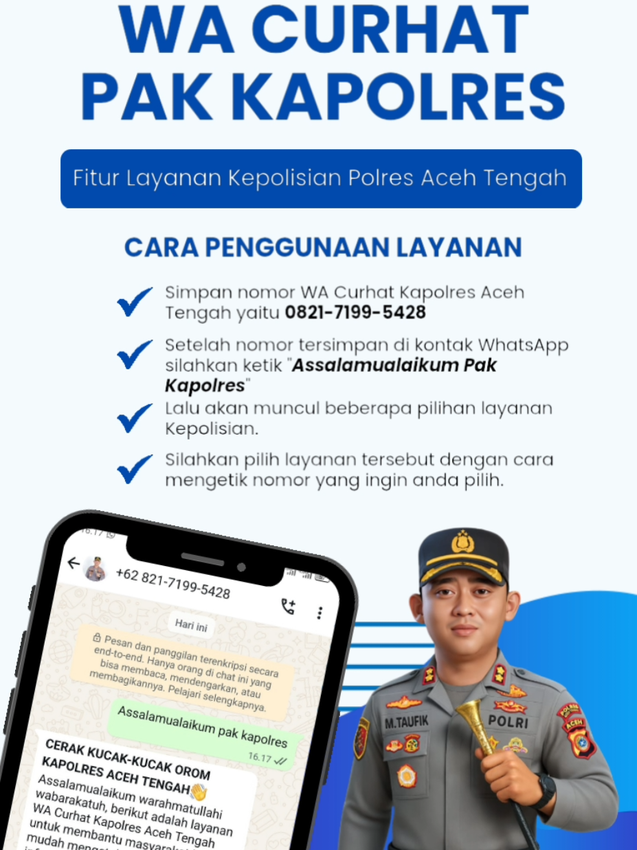 WA Curhat Kapolres: Layanan Cepat, Dekat, dan Bersahabat untuk Masyarakat Aceh Tengah @listyosigitprabowo @kapolda_aceh @mtaufik_2007 @vifafibriana @spriimpoldaaceh @bidhumaspoldaaceh @divisihumaspolri @polripresisi @polisi_peduli @halo_polisi @polisi_indonesia #poldaaceh #bidhumaspoldaaceh #hutrike80 #polriuntukmasyarakat #polripresisi 
