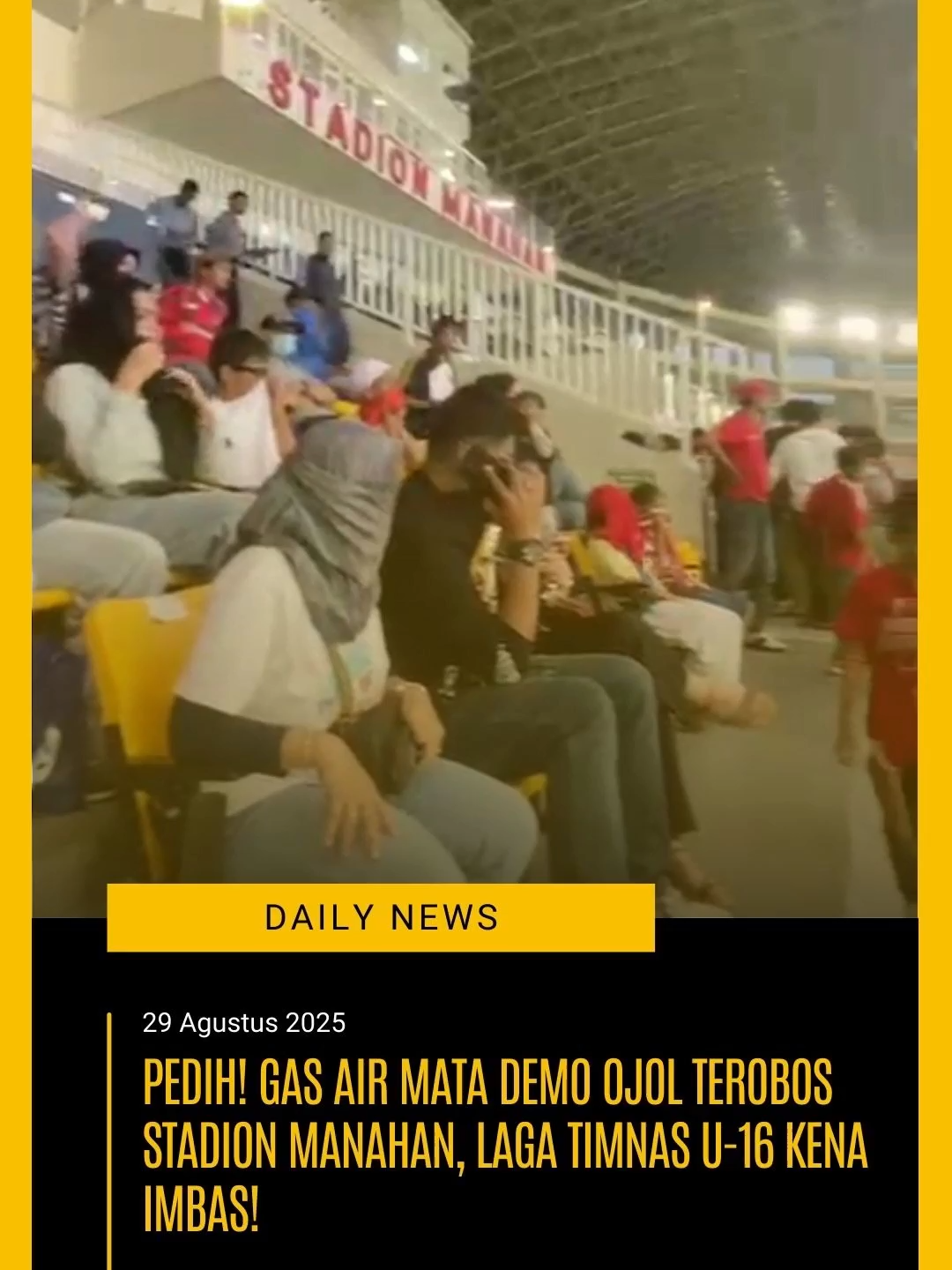 Suasana mencekam menyelimuti pertandingan perebutan tempat ketiga ASEAN U-16 Women’s Championship 2025 antara Timnas Indonesia melawan Vietnam di Stadion Manahan, Solo, Jumat (29/8). Ribuan penonton yang memadati tribun timur dan VIP sayap selatan mendadak merasakan pedihnya gas air mata. Mata mereka memerah, sesak napas, hingga terpaksa berbondong-bondong pindah mencari tempat yang lebih aman. Penonton dari Sumedang, Asep, mengungkapkan, 