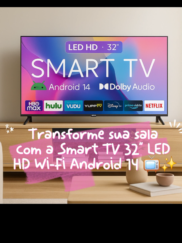 Transforme sua sala com a Smart TV 32” LED HD Wi-Fi Android 14 📺✨ ✅ Tela de 32 polegadas LED HD ✅ Android 14 com Wi-Fi integrado ✅ Frequência 60Hz para imagens fluidas ✅ Funciona em 100/240V 👉 Perfeita para filmes, séries, jogos e muito mais! #shopee #fy #CapCut #tv 