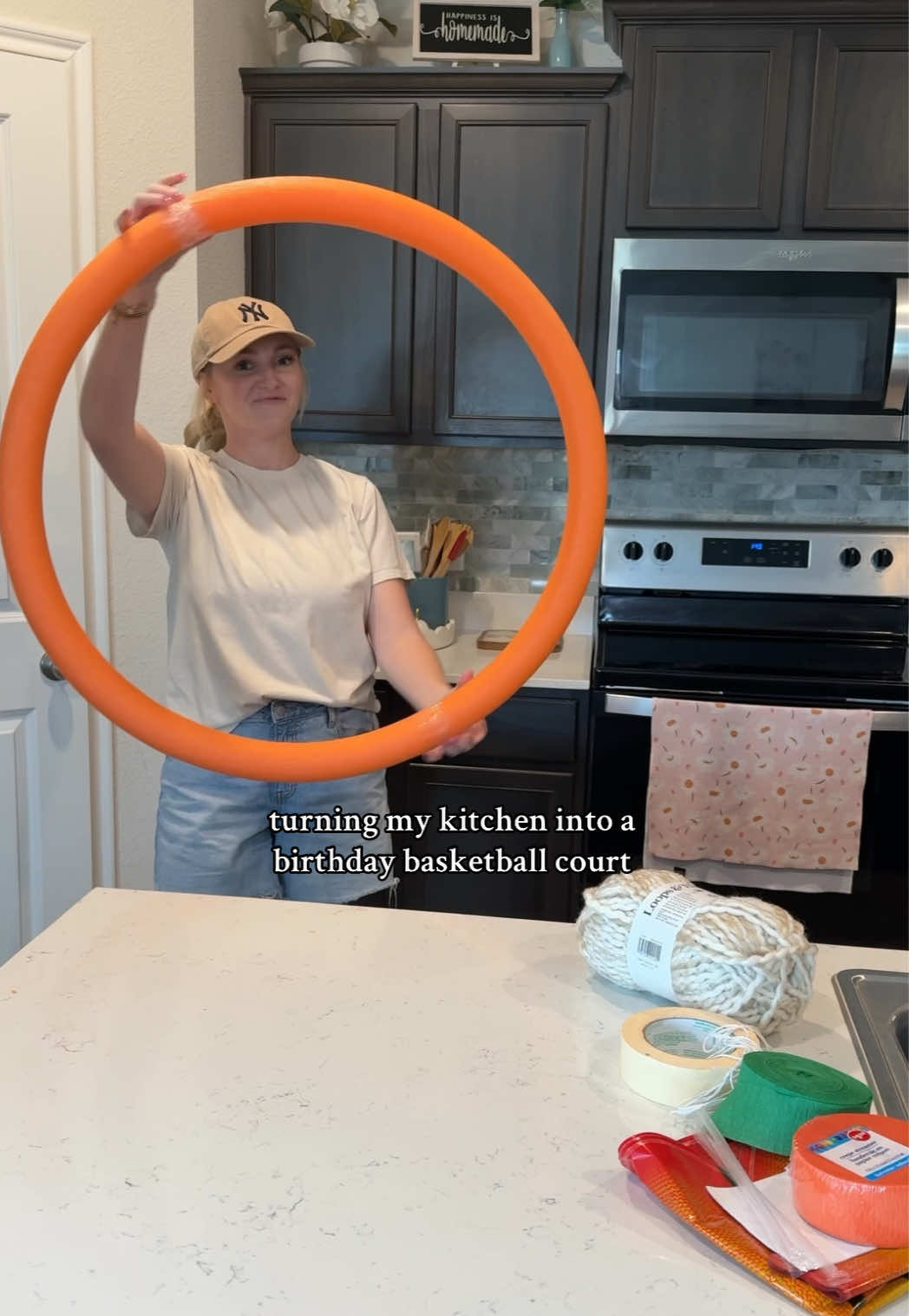 My son just turned 8, and this year  instead of a big birthday party, I transformed our kitchen into a basketball-themed birthday surprise! 🏀⛹️💚🤎 I made a DIY life-size basketball hoop out of pool noodles and yarn, then decorated with balloons around the hoop. Such a fun and easy way to make a kid’s birthday feel special right at home! #BasketballBirthday #DIYBirthdayDecor #KidsBirthdayIdeas #BirthdaySurprise #BasketballTheme 