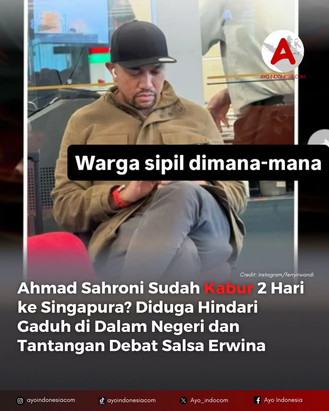 Mantan Wakil Ketua Komisi III DPR RI, Ahmad Sahroni, disebut-sebut sudah meninggalkan tanah air sejak Rabu, 27 Agustus 2025. Informasi ini mencuat setelah seorang warga mengaku sempat melihat langsung kehadiran politisi tersebut di bandara. Kesaksian warga itu kemudian beredar luas setelah dibagikan oleh influencer Ferry Irwandi melalui media social miliknya.  Akun X senjatanuklir juga mengunggah tangkapan layar percakapan yang berisi klaim keberadaan Sahroni di luar negeri. “Sudah dua hari dia nggak ada di Indonesia,” bunyi salah satu pesan yang beredar pada Jumat, 29 Agustus 2025. Menurut keterangan, Sahroni terakhir terlihat berada di Singapura. Namun, hingga kini belum jelas apakah ia masih berada di negara tersebut atau sudah berpindah ke lokasi lain. Dalam unggahan yang beredar, ia tampak terekam kamera sedang duduk di area ruang tunggu bandara dengan membawa koper berwarna merah. Banyak yang menduga Sahroni menghindari kegaduhan dalam negeri menjelang demo 28 Agustus. Apalagi dirinya juga ditantang debat diaspora Salsa Erwina dan menghindari awak media untuk dimintai pertanyaan. Sahroni belum memberikan pernyataan tentang kabar ini. Follow terus @ayoindonesiacom #ahmadsahroni #ferryirwandi #singapura