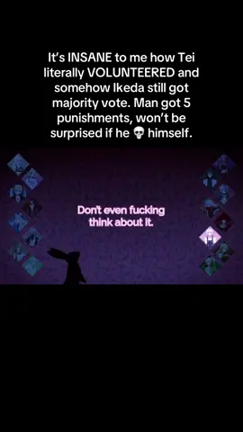 Its actually crazy that kamuda, ouno, maekawa, nishiguchi, had the audacity to vote for him when they didnt get a single punishment. they legit said this would keep the group together but theyre creating enemies for themselves dude. this made me hate kumada, i liked her before and also everyone else who kept voting ikeda. #tetrodanganronpa #tetro #fyp #meow #ikeda 