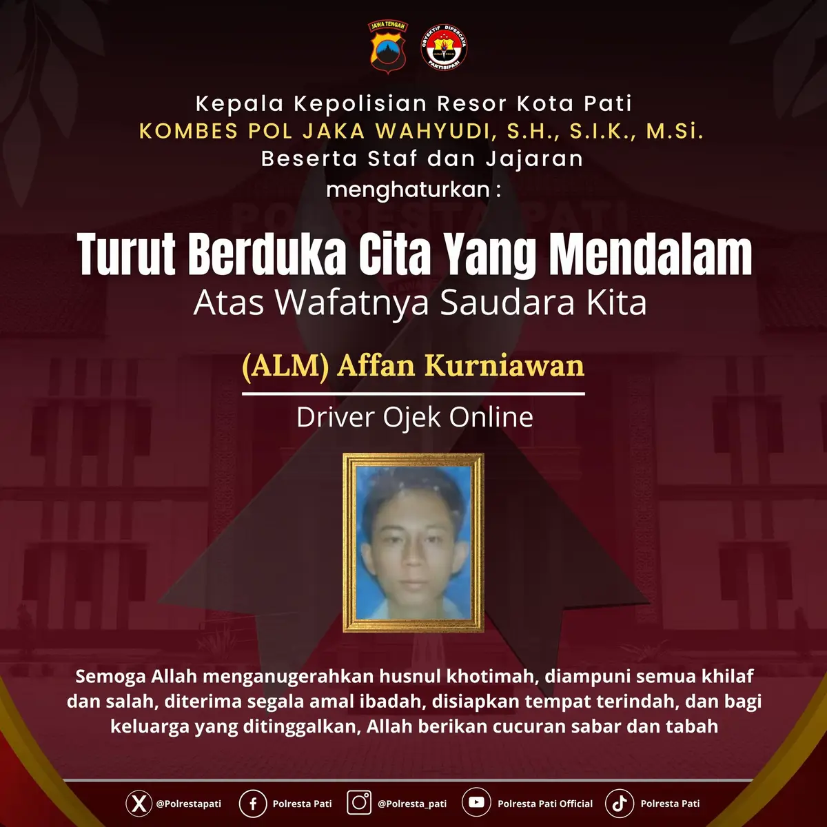 Kapolresta Pati 𝗞𝗼𝗺𝗯𝗲𝘀 𝗣𝗼𝗹 𝗝𝗮𝗸𝗮 𝗪𝗮𝘆𝘂𝗱𝗶, 𝗦.𝗛., 𝗦.𝗜.𝗞., 𝗠.𝗦𝗶. Beserta Staf dan jajaran Mengucapkan 