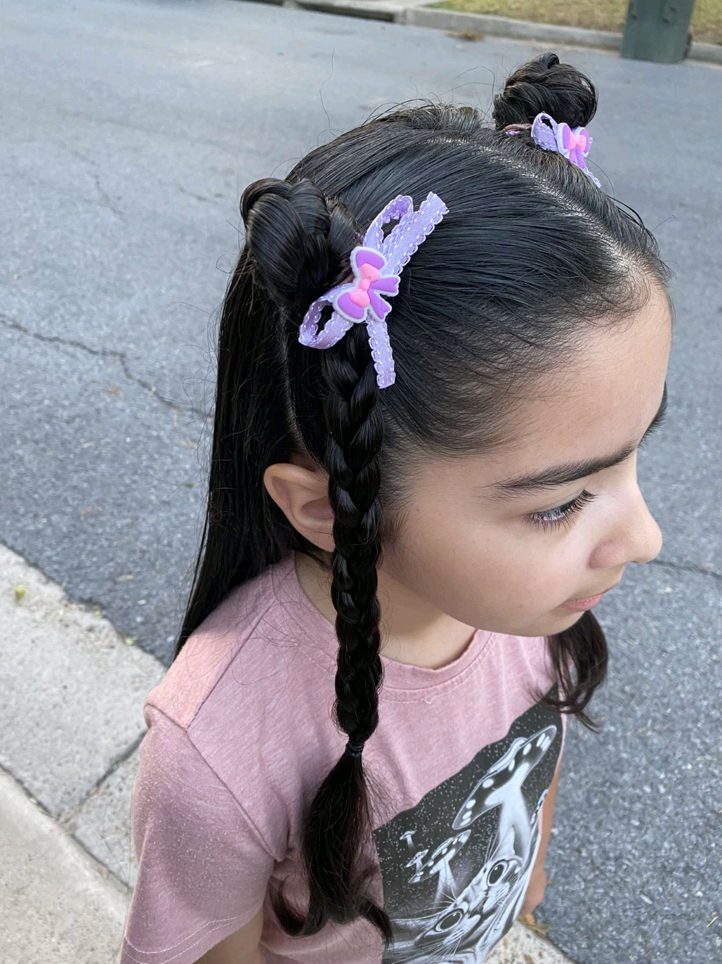 bun and braids hairstyle. Takes less than 10 minutes! Easy morning hairstyles for girls. #girlmom #haircare #simplehairstyle #hairtutorial 