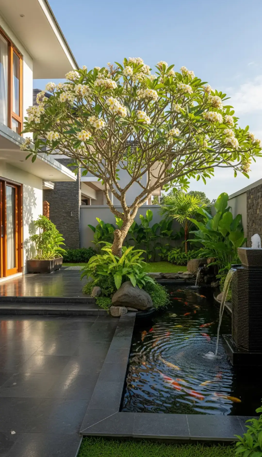 Suasana tenang di halaman rumah dengan kolam koi yang menyejukkan, taman hijau yang rapi, dan pohon kamboja yang indah bermekaran. Sempurna untuk relaksasi dan melepas penat. #TamanAsri #KolamKoi #TamanRumah #InspirasiTaman #TamanMinimalis     
