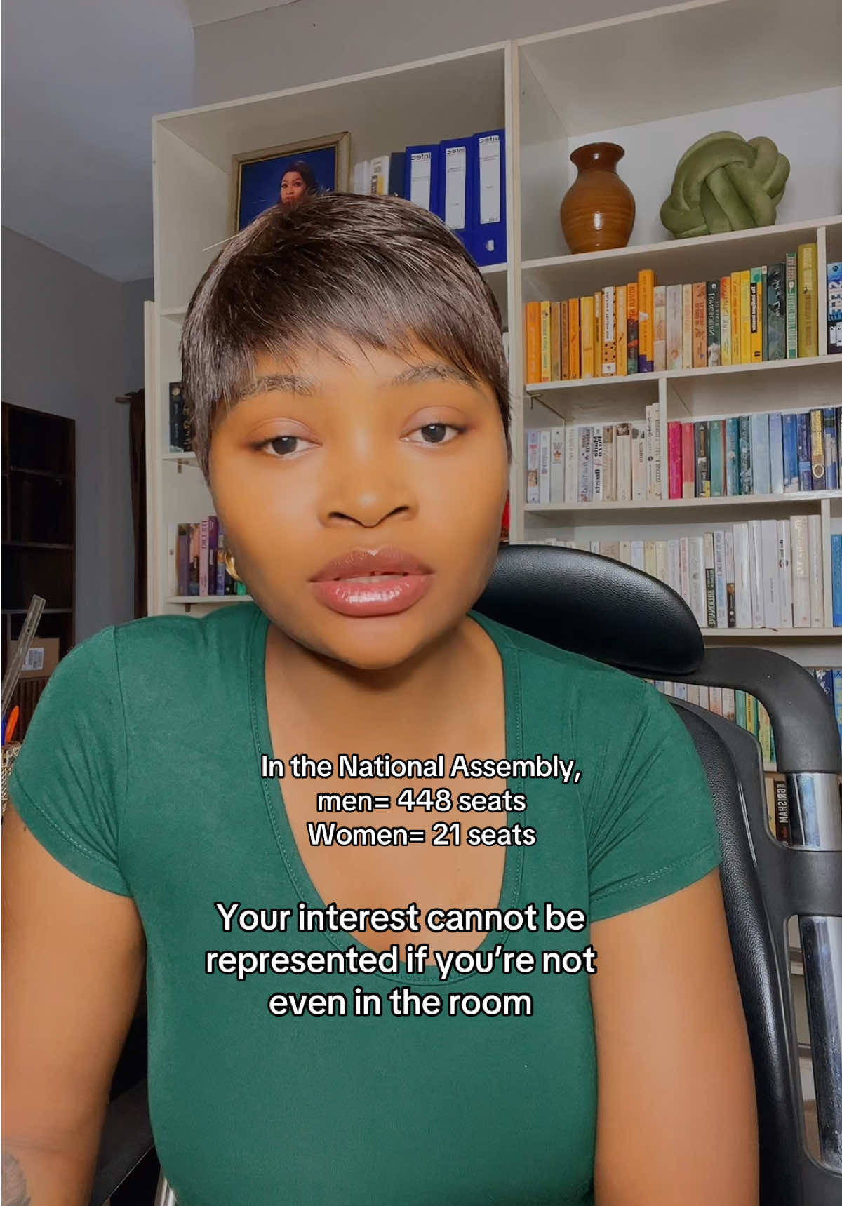 How can your interests be discussed if you’re not even in the room. The few in the room cannot fight properly because they are outnumbered. Their bills won’t pass because they have no backing. It is time to wake up. We’ve been sleeping for far too long.  #womensrights #nigerianwomen #trenchtalk 