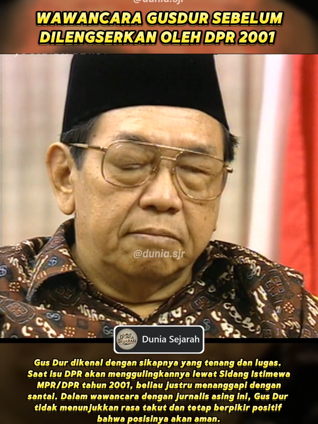 Wawancara Gus Dur Sebelum Digulingkan DPR tahun 2001 Pada Maret 2001, Presiden Abdurrahman Wahid atau Gus Dur melakukan wawancara dengan seorang jurnalis Australia. Dalam wawancara tersebut, Gus Dur menunjukkan sikap percaya diri dan keyakinan penuh bahwa dirinya mampu menghadapi tekanan politik yang diarahkan kepadanya. Beberapa bulan kemudian, Sidang Istimewa MPR digelar pada Juli 2001 yang berujung pada pemakzulan dirinya dari kursi presiden. Sidang ini salah satunya dipicu oleh keputusan Gus Dur untuk membekukan DPR, yang semakin memicu konflik politik dengan parlemen. Meski tanda-tanda politik semakin jelas, Gus Dur tetap menunjukkan sikap optimis dan tidak pernah menampakkan rasa takut. Ini menjadi salah satu catatan penting dalam sejarah politik Indonesia. seorang presiden yang menghadapi badai politik dengan tenang, penuh keyakinan, dan tetap percaya diri hingga detik-detik terakhir jabatannya. #GusDur #AbdurrahmanWahid #SejarahIndonesia #PresidenRI #PolitikIndonesia #DPR #MPR #Wawancara #TempoDulu #FYP