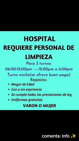 hospital requiere personal de limpieza😊 Si estás buscando empleo, postúlate a través del enlace en mi perfil. #Trabajo #Empleo #limpieza  #paratiiiiiiiiiiiiiiiiiiiiiiiiiiiiiii #fyp 