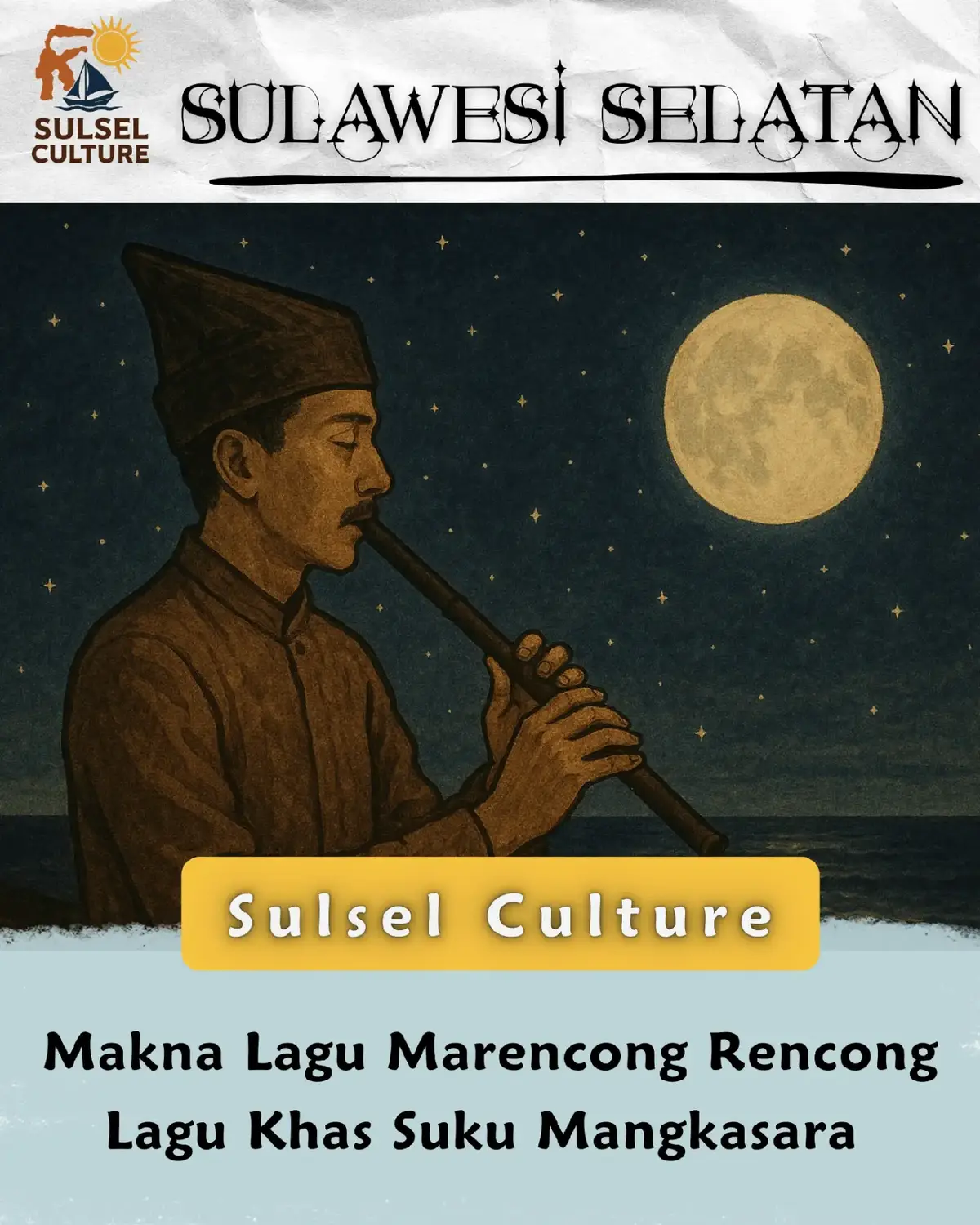 Lagu “Ma’rencong-rencong” adalah salah satu lagu tradisional yang berasal dari masyarakat Makassar di Sulawesi Selatan. Lagu ini sangat populer dan sering dinyanyikan dalam berbagai acara seni maupun kegiatan kebudayaan. Teksnya telah diwariskan turun-temurun dan menjadi bagian penting dari kelong atau nyanyian daerah Makassar yang tidak hanya berfungsi sebagai hiburan, tetapi juga sarana penyampai nilai dan pesan kehidupan. Secara makna, lirik “Ma’rencong-rencong” menggambarkan cita-cita yang tinggi dan harapan besar terhadap masa depan. Ungkapan yang merujuk pada bulan dan bintang sering ditafsirkan sebagai simbol mimpi dan angan-angan yang luhur. Melalui lagu ini, masyarakat Makassar menanamkan semangat untuk selalu optimis, berani bermimpi, serta tidak takut menghadapi tantangan dalam kehidupan. Lagu ini tidak hanya menjadi bagian dari ekspresi budaya, tetapi juga pengingat tentang pentingnya memiliki harapan yang besar. Dalam praktiknya, lagu “Ma’rencong-rencong” sering diperdengarkan pada pertunjukan seni tradisional Makassar, seperti Gandrang Bulo, maupun acara-acara kebersamaan lainnya. Lagu ini berfungsi mempererat ikatan sosial, menumbuhkan semangat, sekaligus melestarikan identitas budaya Makassar. Keberadaannya di era modern juga tetap bertahan melalui dokumentasi lirik, rekaman musik, dan pembelajaran seni, sehingga nilai budaya yang terkandung di dalamnya terus diwariskan kepada generasi baru. #serunyabelajar 