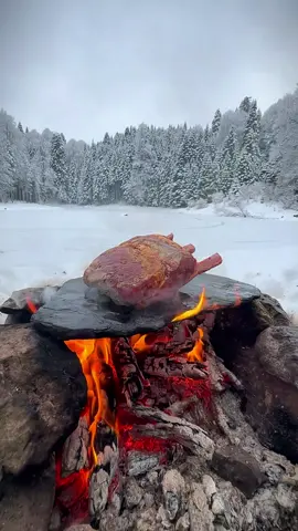 Grilled beef ribs on hot rocks in a snowstorm in the wild 🥩🪵🔥🌨❄️  #cookingasmr #outdoorcooking #leon #cookingnature #beef 