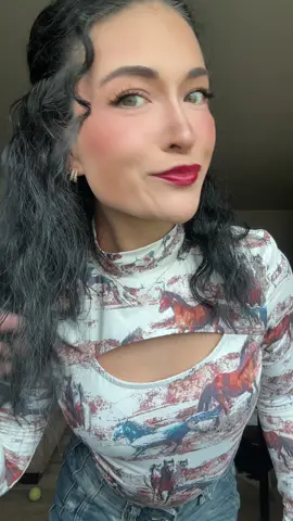 Red lip, pattern shirt, and barrel jeans with fresh curls and my pup - I’m ready 