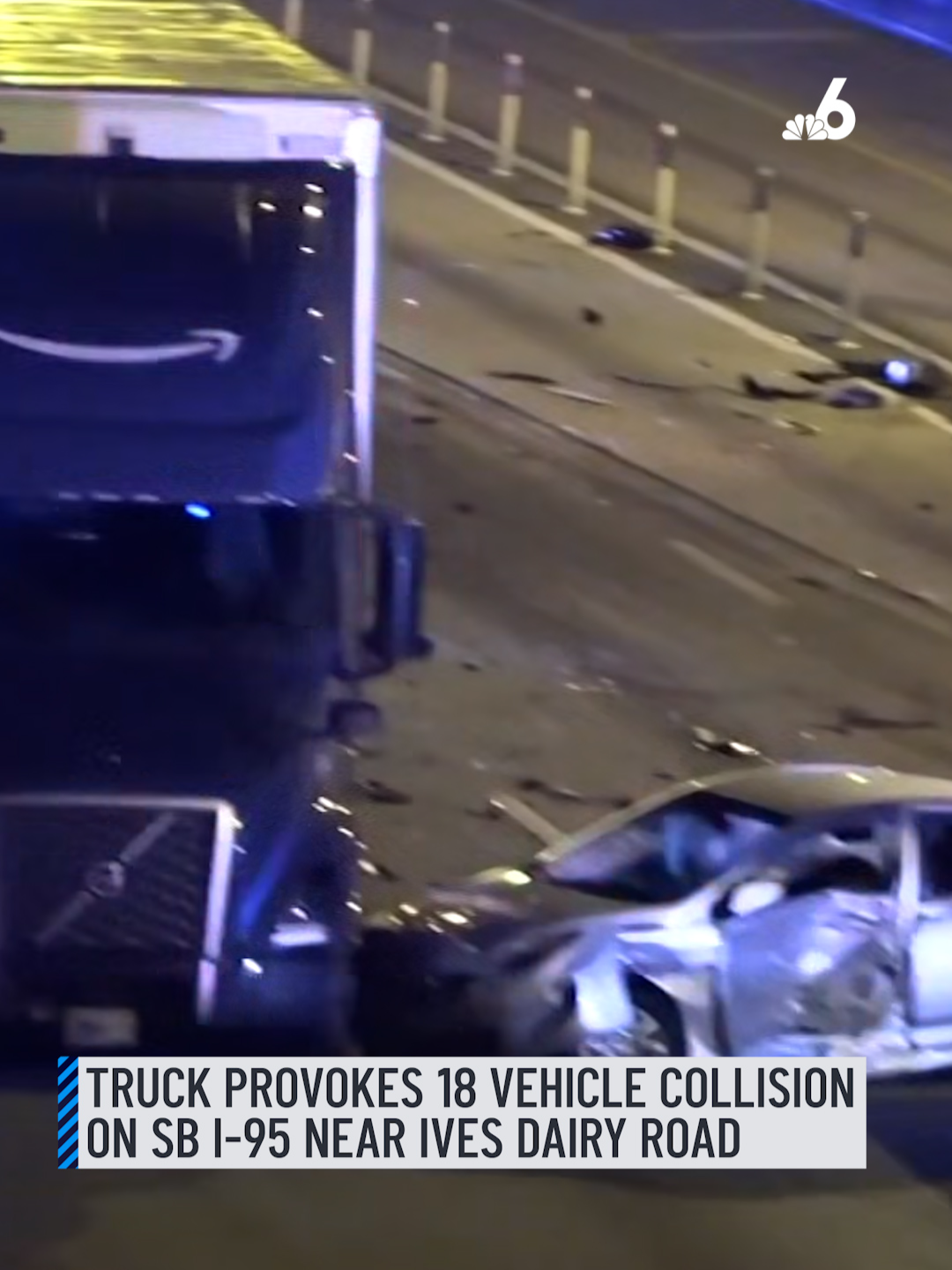 More than a dozen people were hospitalized after a tractor-trailer caused a chain reaction crash involving 18 vehicles on Interstate 95 in Miami-Dade late Thursday night, officials said. During the morning there was another crash reported by officials involving an 18-wheeler on Interstate 75 that rolled over. Follow updates at the link. #i95 #nbc6 #crash