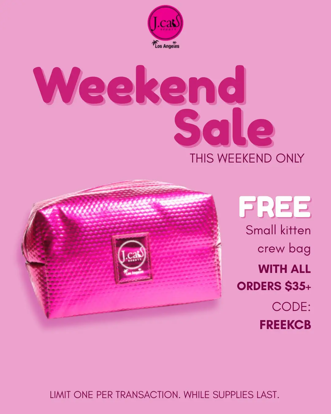 This weekend only, get a FREE Small Kitten Crew Bag with all orders $35+ 🐾 Just use code FREEKCB at checkout! 💌 🛍️ Limit 1 per transaction. While supplies last—don’t miss out! #JCatBeauty #WeekendSale #KittenCrewBag #CrueltyFreeBeauty #MakeupSale #BeautyDeals #MakeupLovers