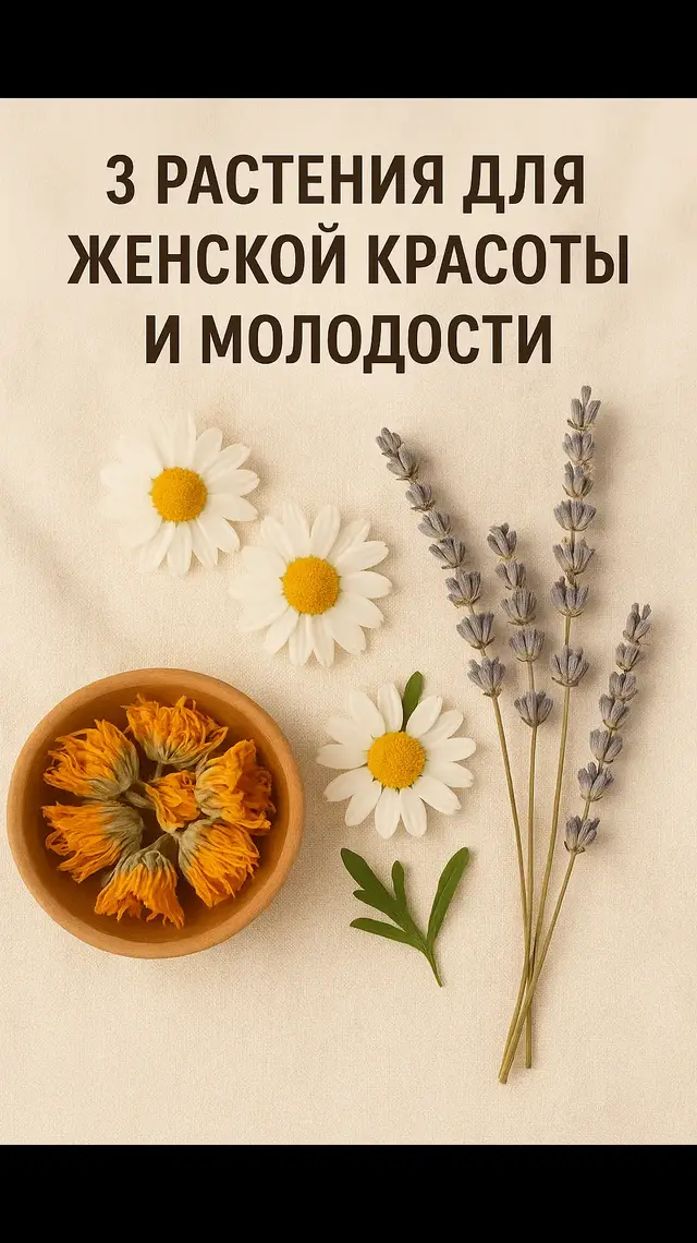 Красота женщины — это не только внешность, но и её внутренняя гармония. Когда тело в балансе, кожа сияет, волосы блестят, а глаза наполнены светом. Природа хранит особые растения, которые веками поддерживали женскую силу и привлекательность. 🌼 1. Календула (цветы) Снимает воспаления кожи, ускоряет заживление. Делает лицо более ровным и свежим. Применение: настой из календулы используют для умываний, лосьонов, масок. ⚠️ Противопоказания: беременность (внутренний приём), аллергия на сложноцветные. 🌿 2. Ромашка аптечная (цветы) Успокаивает кожу, делает её нежной. Помогает при раздражении, сухости, покраснении. Применение: паровые ванночки, умывание настоем, чай для снятия стресса. ⚠️ Противопоказания: аллергия на ромашку, склонность к диарее. 💜 3. Лаванда (трава и цветы) Регулирует работу сальных желёз, освежает кожу. Аромат лаванды снимает стресс, а ведь именно стресс быстрее всего крадёт молодость. Применение: эфирное масло (в аромалампу или 1 каплю в крем), настой для ополаскивания волос. ⚠️ Противопоказания: пониженное давление, беременность (с осторожностью). 💚 Мудрость травницы: Молодость — это не косметика за тысячи. Это дыхание, покой и любовь к себе. А растения становятся верными союзниками в сохранении этой гармонии. 📌 Сохрани рецепт красоты ❤️ Поставь лайк ↩ Поделись с подругами — они будут благодарны #травыдлякожи #травыдляженщин #травница #ромашка #календула    