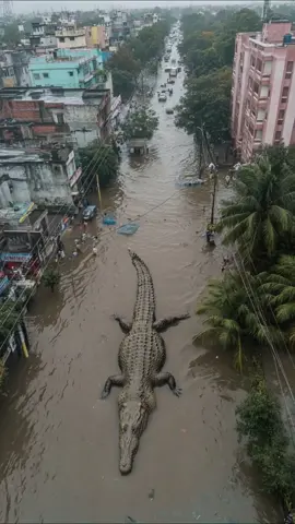 A massive crocodile was spotted roaming dangerously close to flooded roads in India, leaving locals shocked and terrified. Witness the incredible footage of this prehistoric predator as it emerges from the floodwaters and makes its way across the road. #crocodile #india #flood #scary #reptiles #shorts