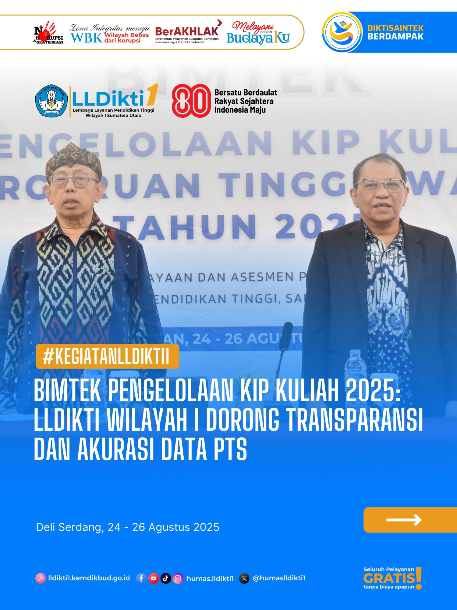 Halo #KedanLLDikti1, Deli Serdang, 24 Agustus 2025 – Lembaga Layanan Pendidikan Tinggi (LLDikti) Wilayah I bersama Pusat Pembiayaan dan Asesmen Pendidikan Tinggi (PPAPT) Kementerian Pendidikan Tinggi, Sains, dan Teknologi (Kemdiktisaintek) menggelar Bimbingan Teknis (Bimtek) Pengelolaan Kartu Indonesia Pintar (KIP) Kuliah Tahun 2025. Kegiatan ini berlangsung selama tiga hari, mulai Minggu (24/8) hingga Selasa (26/8) di Hotel D’Prima Kualanamu, Deli Serdang, Sumatera Utara. Bimtek ini merupakan rangkaian kegiatan yang dilaksanakan serentak di beberapa kota dan melibatkan LLDikti Wilayah I, III, VI, VIII, dan XI. Di lingkungan LLDikti Wilayah I, kegiatan ini dihadiri oleh pengelola KIP Kuliah dari 84 Perguruan Tinggi Swasta (PTS). Tujuan utama kegiatan ini adalah menyamakan persepsi, memperkuat pemahaman teknis, dan memastikan pengelolaan KIP Kuliah berjalan tepat sasaran, transparan, dan akuntabel. Dalam sambutannya, Prof. Dr. Yonny Koesmaryono, Tim Teknis PPAPT, menegaskan pentingnya integritas dan akurasi dalam pengelolaan program ini. “Tidak boleh ada pungutan dalam bentuk apa pun kepada mahasiswa penerima. Segala bentuk penyalahgunaan akan berdampak serius karena KPK menaruh perhatian khusus terhadap pengelolaan KIP Kuliah,” ujarnya. Ia juga mengingatkan pengelola untuk segera menyelesaikan permasalahan PDDikti agar tidak menghambat proses pengusulan dan pencairan. Sementara itu, Kepala LLDikti Wilayah I, Prof. Saiful Anwar Matondang, Ph.D., dalam pidatonya menekankan agar perguruan tinggi mengelola program ini secara benar tanpa praktik yang melanggar aturan. “Jangan sampai ada godaan untuk menjanjikan atau memberikan kuota dengan cara yang tidak benar. Tidak boleh ada pemotongan uang saku mahasiswa, bahkan dengan alasan administrasi,” tegasnya. Ia juga mengingatkan pentingnya kepatuhan terhadap pelaporan PDDikti dan akreditasi program studi sebagai indikator penentuan kuota. Selengkapnya : https://lldikti1.kemdikbud.go.id/details/apps/3991 #BimtekKIPKuliah #LLDikti1 #ZonaIntegritas #ReformasiBirokrasi  #DiktisaintekBerdampak #MelayaniadalahBudayaKu