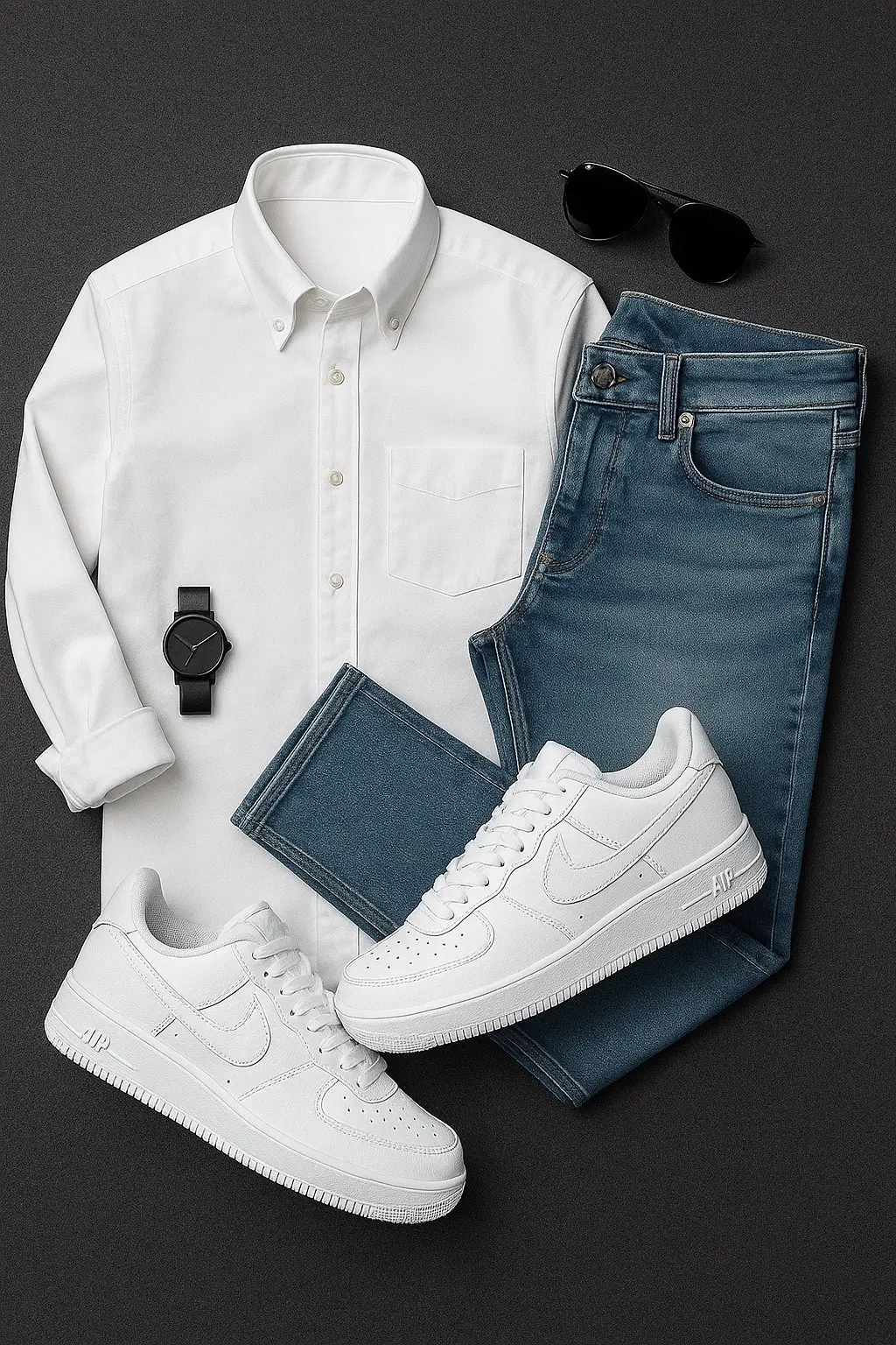 Clean, Classic, Timeless 🕶️👟 Keep it fresh with a crisp white button-down, slim-fit denim jeans, and iconic white Nike Air Force 1s. Complete the look with minimalist accessories like a black watch and aviators for that effortless style upgrade. ⠀ 🔹 Perfect for: Casual days, date nights, weekend outings 🔹 Style tip: Roll the sleeves for that laid-back edge ⠀ #MensFashion #StreetStyle #OOTD #MinimalStyle #NikeAirForce1 #CasualLook #MensWear #OutfitInspo #WhiteShirtStyle #DenimAndSneakers #EverydayStyle #StyleEssentials #CleanFit #ModernMenswear #FashionPost #creatorsearchinsights #fyp #positivity #MensFashion #clasico 