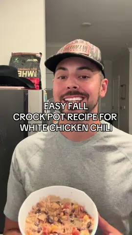 EASY CROCKPOT WHITE CHICKEN CHILI 2 chicken breasts  One ranch seasoning packet  1tbs of Cumin 1tbs of Garlic powder 1tbs of Onion powder 1tbs of Chili powder  1 block of cream cheese  1 can of Rotel  1 can of golden sweet corn  1 can of drained and rinsed black beans  Cook for 8 hours on low, shred your chicken before serving :) #crockpot #easydinner #cooking #EasyRecipe 