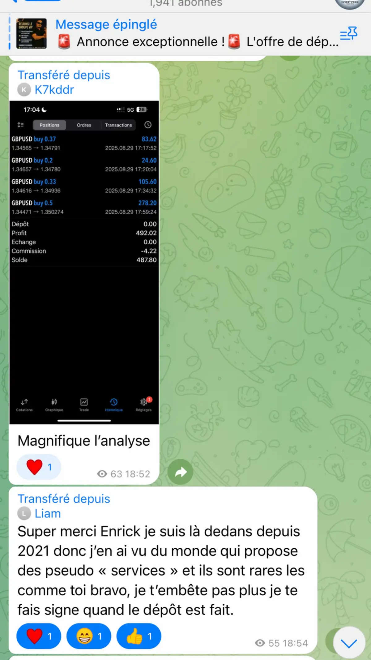 Voici quelques captures des gains de mes membres, ainsi que des personnes présentes dans mes lives quotidiens. Ils ont pu suivre les analyses partagées en direct et en ont profité !