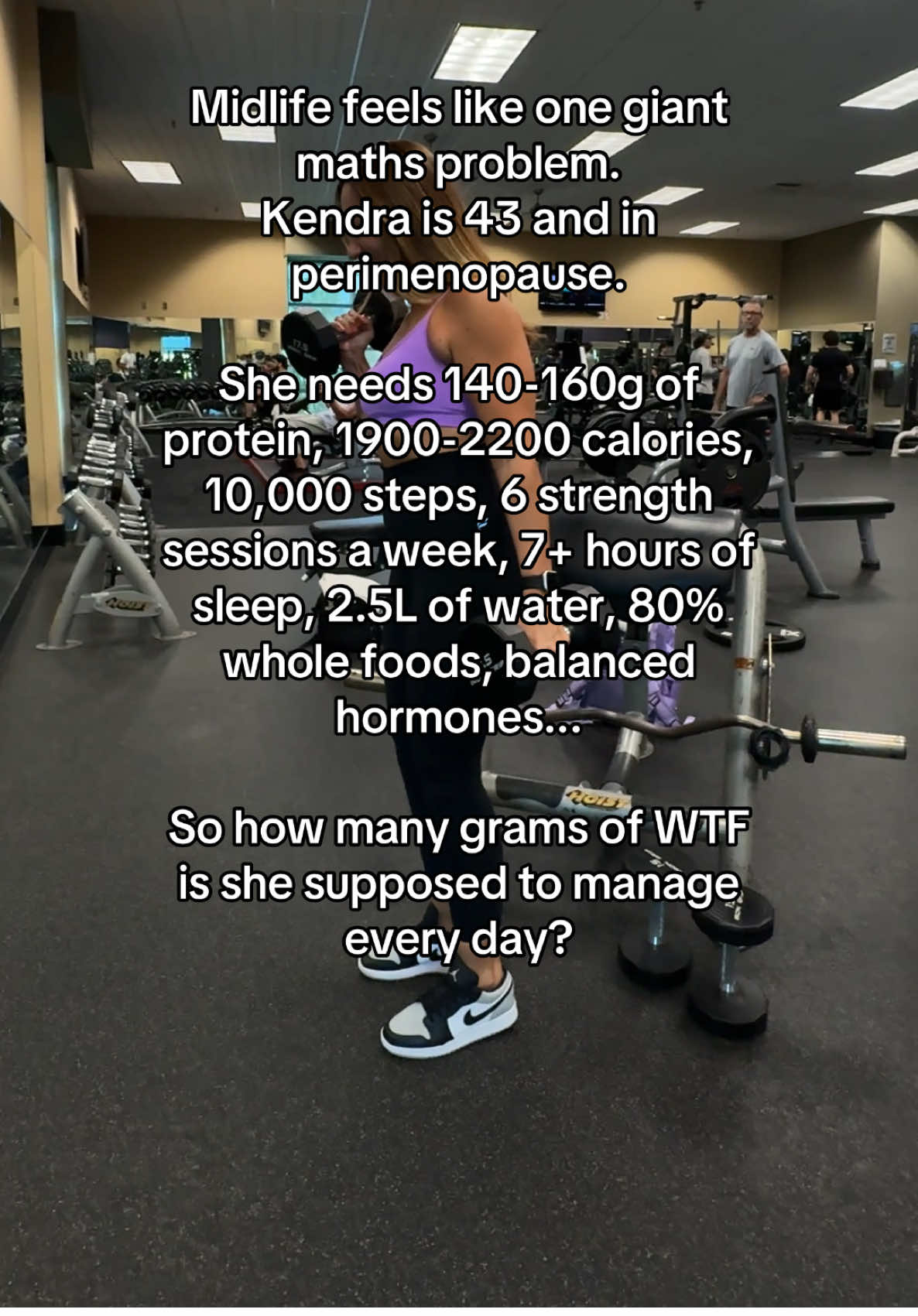 Midlife isn’t a meltdown—it’s math with bigger stakes. At 43 and in perimenopause, Kendra’s tracking 140–160g of protein, 1,900–2,200 calories, 10k steps, 6 strength sessions, 7+ hours of sleep, 2.5L of water, balanced hormones, and 80% whole foods. It sounds impossible, but here’s the truth: she’s not drowning in “WTF grams,” she’s building a stronger, hotter, unstoppable version of herself—one rep, one meal, one step at a time. 
