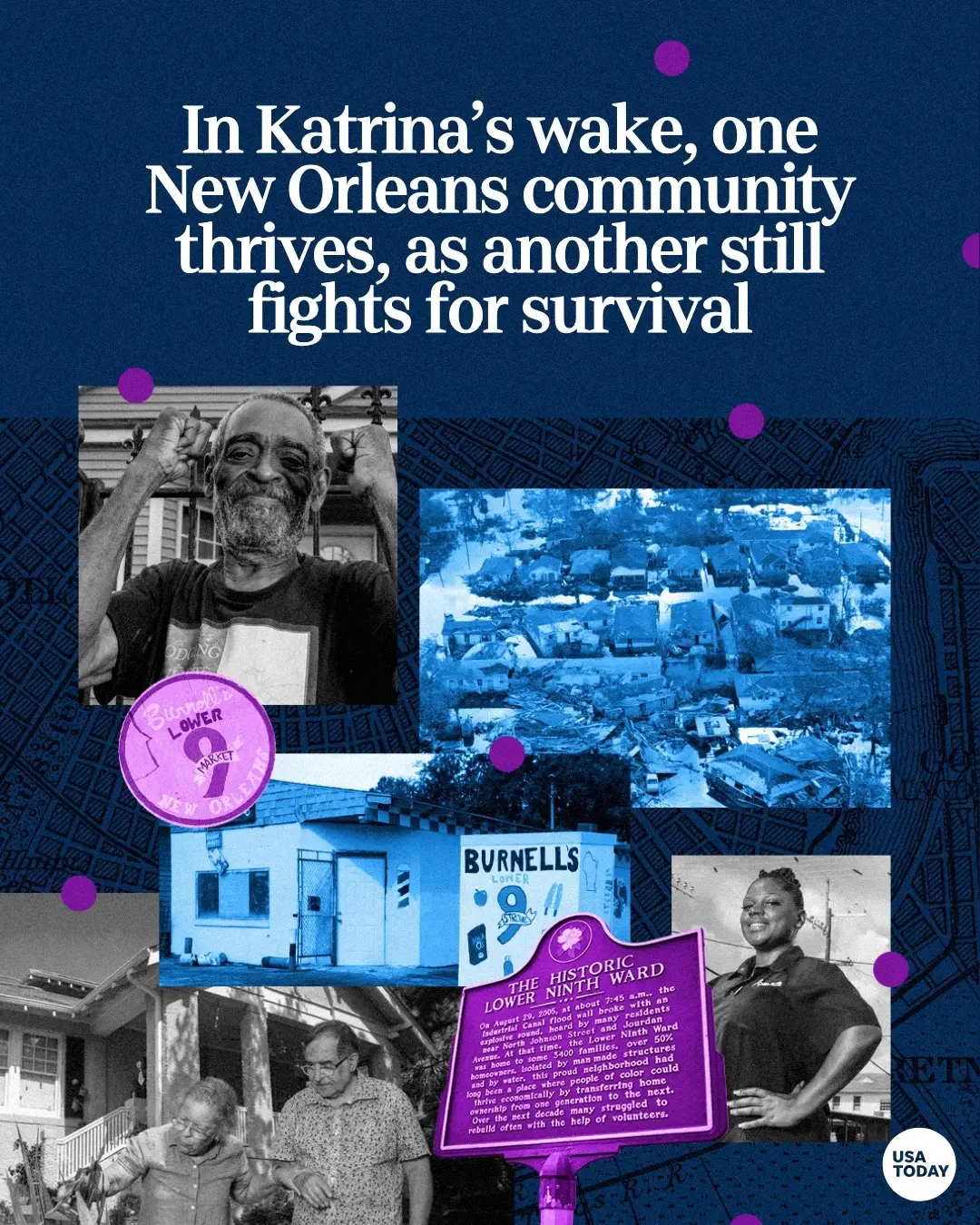 In #NewOrleans, the Broadmoor and Lower Ninth Ward neighborhoods were home to many of the city’s Black residents, both had unique histories and social makeups, and both were walloped with walls of floodwater when #HurricaneKatrina hit. One emerged stronger than before. The other remains entrenched in a battle for survival.    It’s been exactly 20 years since Hurricane Katrina roared ashore on the Gulf Coast on the morning of Aug. 29, 2005, and the federal levees failed across New Orleans, unleashing flood torrents across the city.   The Category 3 hurricane and the ensuing breached levees and floodwalls caused more than 1,300 deaths – many of them in the Lower Ninth Ward – and around $200 billion in damage (adjusted for inflation), making it at the time the costliest hurricane ever to hit the USA. The disaster still claims the third-highest death toll from a hurricane in recorded U.S. history, according to federal estimates.   Read more at the link in bio.   