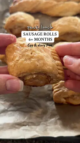 Pack lunch for my 6 month old🥙 These turkey sausage rolls are egg and dairy free too! INGREDIENTS: - small pack of minced meat of choice  (I used a 500g pack and some left over) - 1 tsp garlic powder  - 1 tsp oregano  - 1 tsp black pepper - sheet of puff pastry  METHOD: - mix meat and herbs together  - roll out pastry and cut in half  - add meat mixture to edge of pastry  - fold over pastry and seal with water - press with fork (add oil or water to fork)  - oil top and cut  - air fryer at 180 for 15 mins or oven at 180 for 30 mins or until golden brown  #blw #blwideas #6monthfoodideas #motherhood #mumsoftiktok 